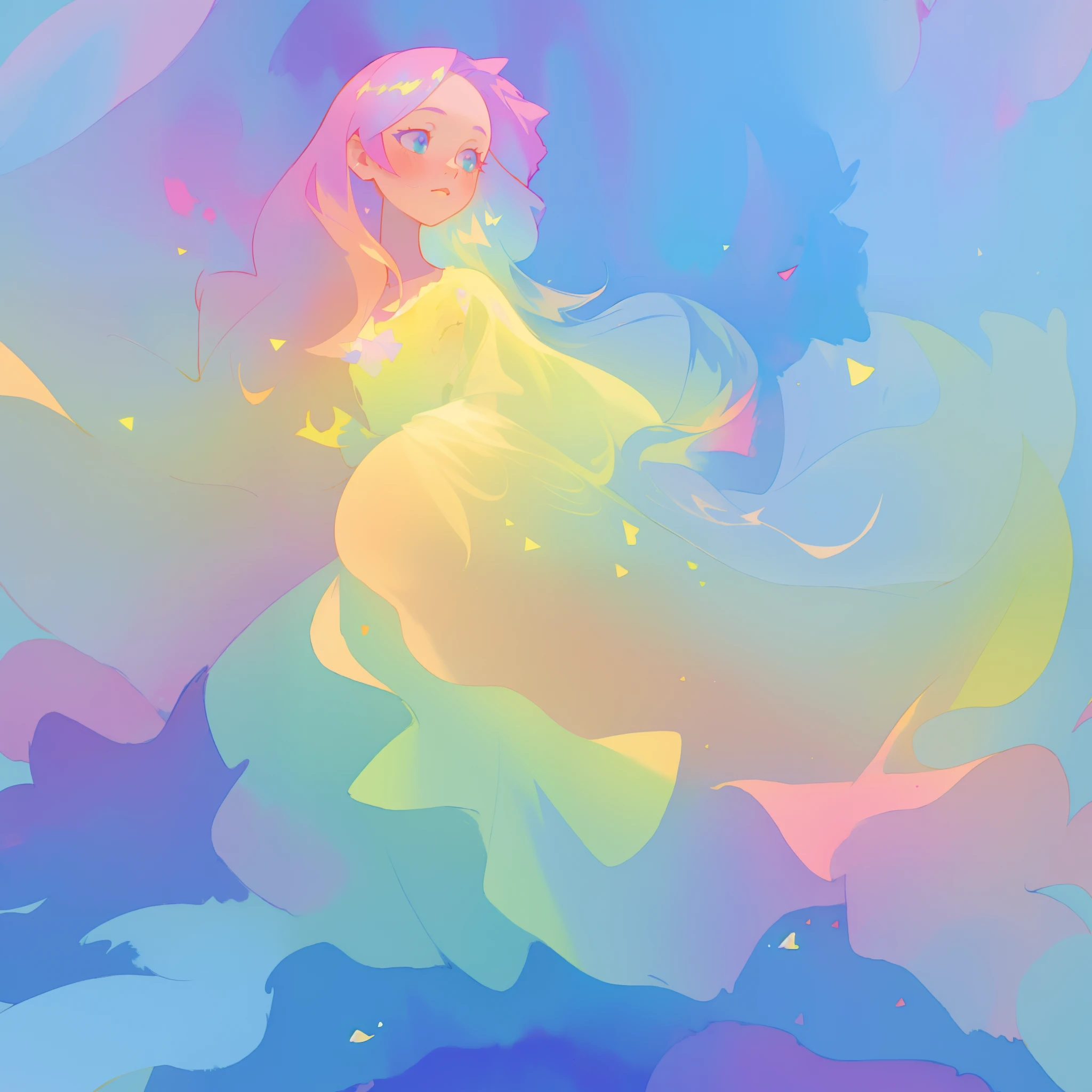 beautiful girl in flowing colorful gradient ballgown, puffy multi-layered ballgown, long flowing colorful hair, vibrant pastel colors, colorful, watercolor illustration, masterpiece, best quality, sharp focus, intricate detail, highly detailed, 8k resolution, beautiful face, golden ratio, perfection, fantasia background, otherworldly, whimsical, magical