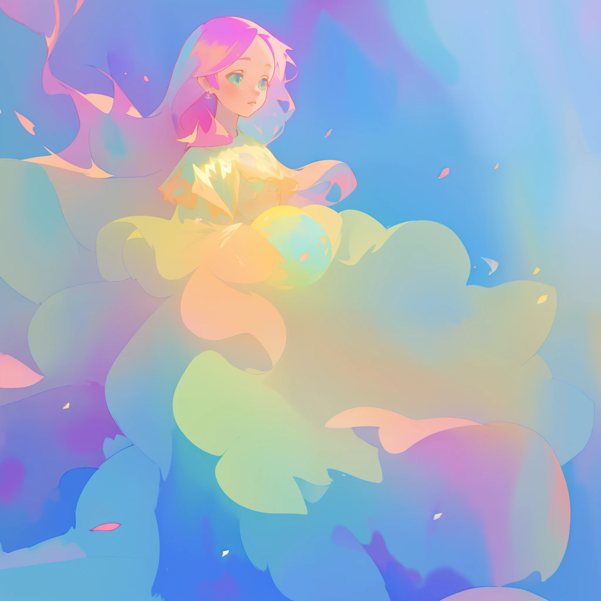beautiful girl in flowing colorful gradient ballgown, puffy multi-layered ballgown, long flowing colorful hair, vibrant pastel colors, colorful, watercolor illustration, masterpiece, best quality, sharp focus, intricate detail, highly detailed, 8k resolution, beautiful face, golden ratio, perfection, fantasia background, otherworldly, whimsical, magical
