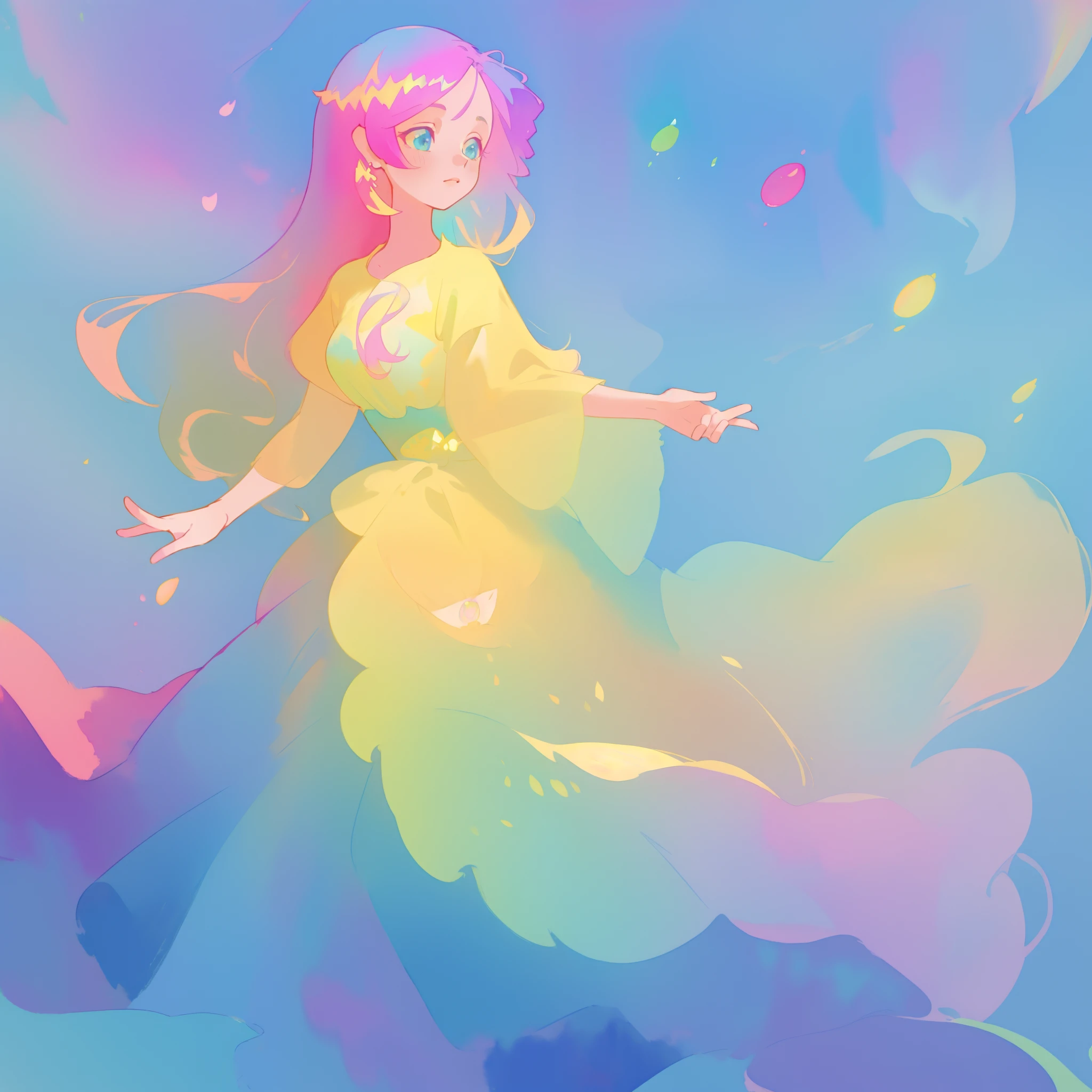 beautiful girl in flowing colorful gradient ballgown, puffy multi-layered ballgown, long flowing colorful hair, vibrant pastel colors, colorful, watercolor illustration, masterpiece, best quality, sharp focus, intricate detail, highly detailed, 8k resolution, beautiful face, golden ratio, perfection, fantasia background, otherworldly, whimsical, magical