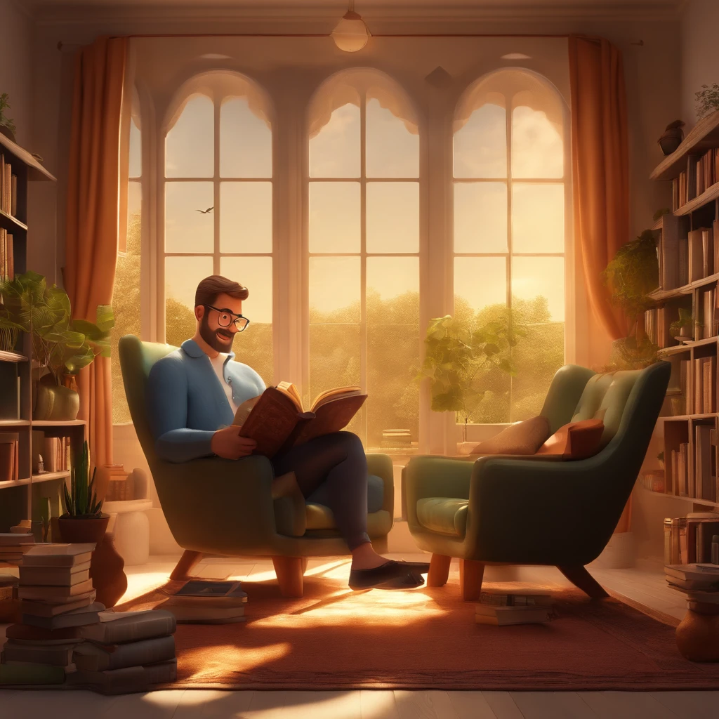 (best quality,3D rendering,masterpiece:1.2),white background,cartoonish Pixar style,man reading a book,books stacked beside him,warm lighting,soft shadows,vibrant colors,comfortable armchair,cozy atmosphere,attention to detail,happy expression,thick-framed glasses,relaxed posture,engrossed in reading,homely interior decor,bookshelf filled with colorful books,playful illustrations on the book covers,animated characters popping out of the pages,fantasy world coming to life,imagination running wild,whimsical storytelling,lush greenery outside the window,beautiful sunlit garden viewed from the glass panels,sparkling sunlight filtering through the leaves,peaceful ambiance,inviting outdoor bench,leisurely reading session,enjoyment of a good story,inspiration flowing,immersive literary journey.