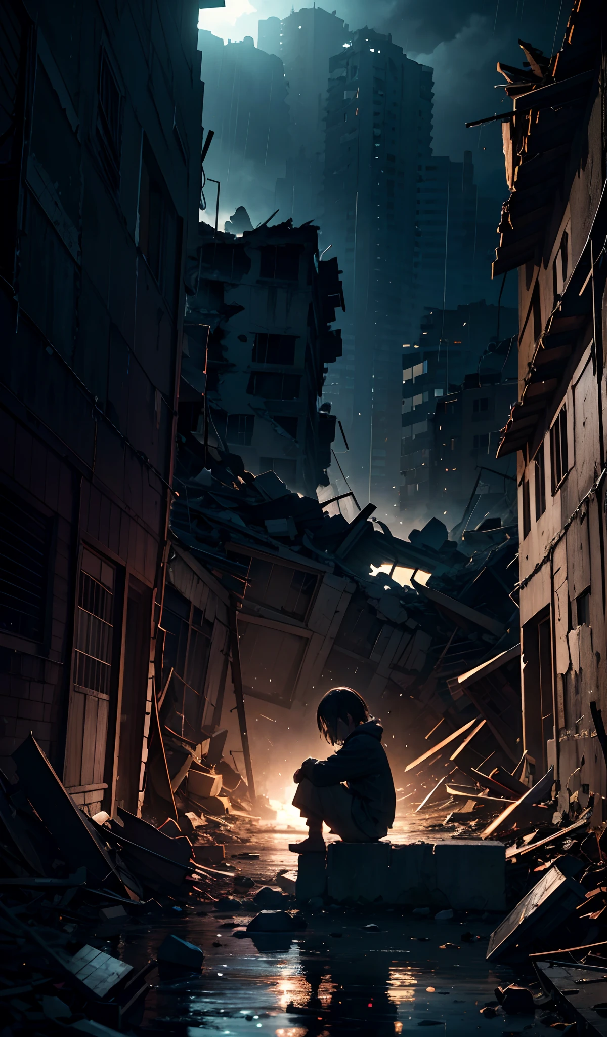 masterpiece, concept art, photography, child, sitting, focus shot, cinematic, crying, under heavy rain, night, rubble building in the background, sad, melancholy, (epic composition, epic proportion), volumetric lighting, reflection, HD