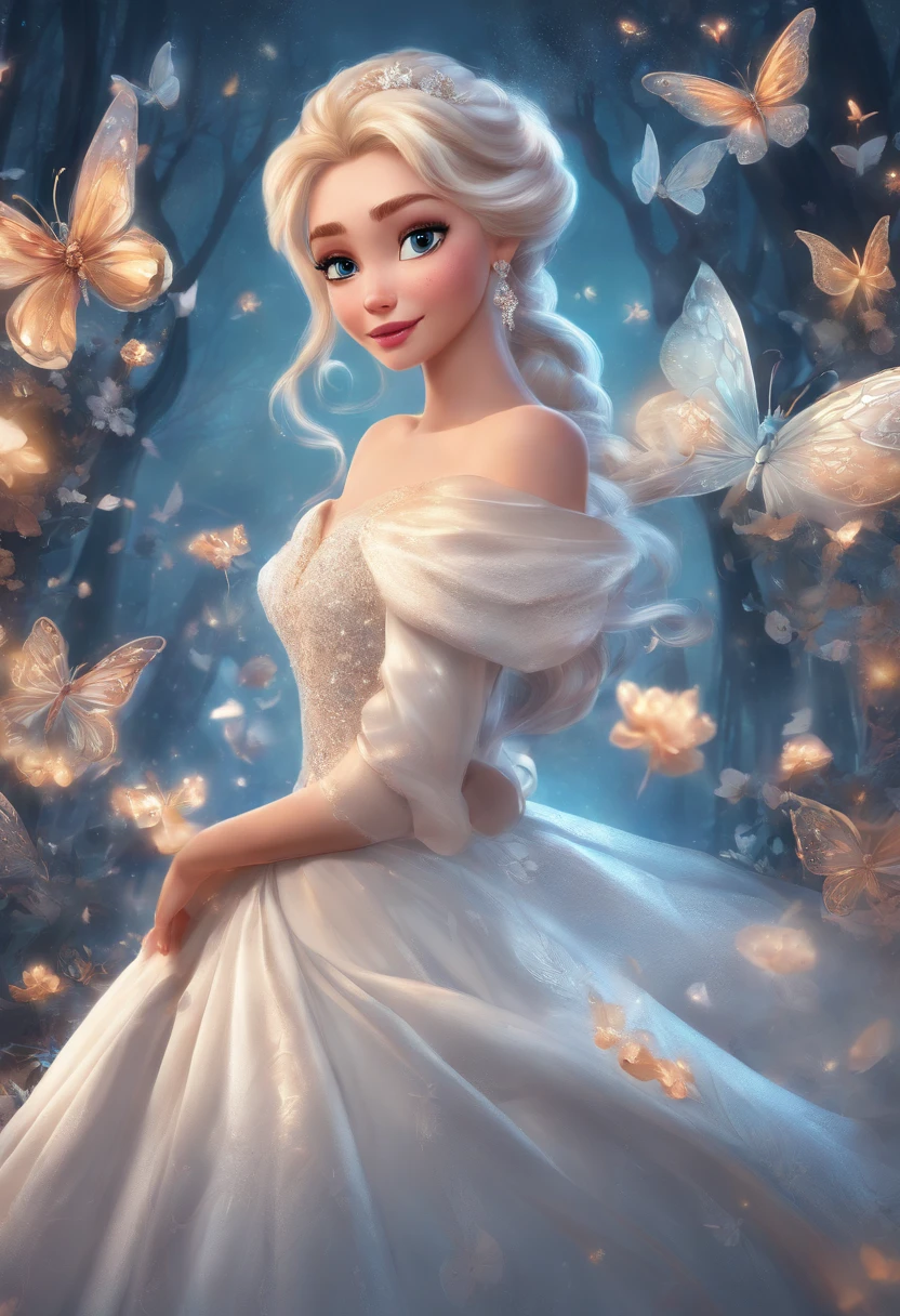 Disney princess in a white dress surrounded by butterflies, Beautiful Elsa, with frozen flowers around her, princess of light, very magical and dreamy, Elsa Frozen, Disney Concept Art, Disney Art Style, Frozen Elsa, Shine with magic, magically glowing, fantasy gorgeous lighting, lady with glowing flowers dress, magical concept art, smiling as a queen of fairies, ethereal fairy tale