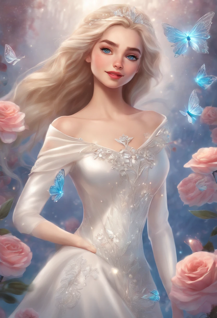 Disney princess in a white dress surrounded by butterflies, Beautiful Elsa, with frozen flowers around her, princess of light, very magical and dreamy, Elsa Frozen, Disney Concept Art, Disney Art Style, Frozen Elsa, Shine with magic, magically glowing, fantasy gorgeous lighting, lady with glowing flowers dress, magical concept art, smiling as a queen of fairies, ethereal fairy tale