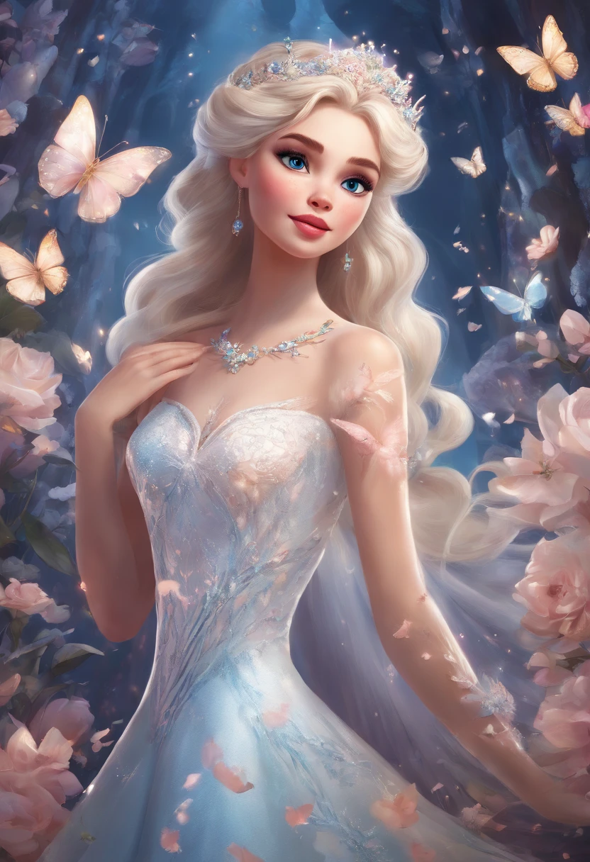 Disney princess in a white dress surrounded by butterflies, Beautiful Elsa, with frozen flowers around her, princess of light, very magical and dreamy, Elsa Frozen, Disney Concept Art, Disney Art Style, Frozen Elsa, Shine with magic, magically glowing, fantasy gorgeous lighting, lady with glowing flowers dress, magical concept art, smiling as a queen of fairies, ethereal fairy tale
