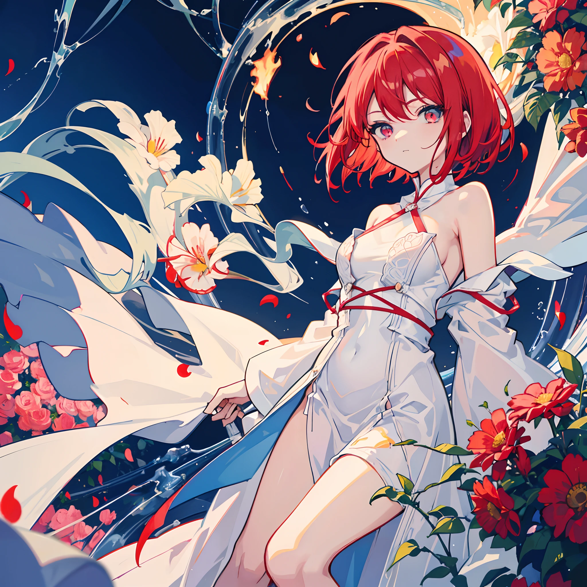 Girl with Short red hair, (1 magic blue eye flame), chill cool relaxed expression, white robe, soft flowing fabric, standing in a blooming garden, surrounded by vibrant flowers