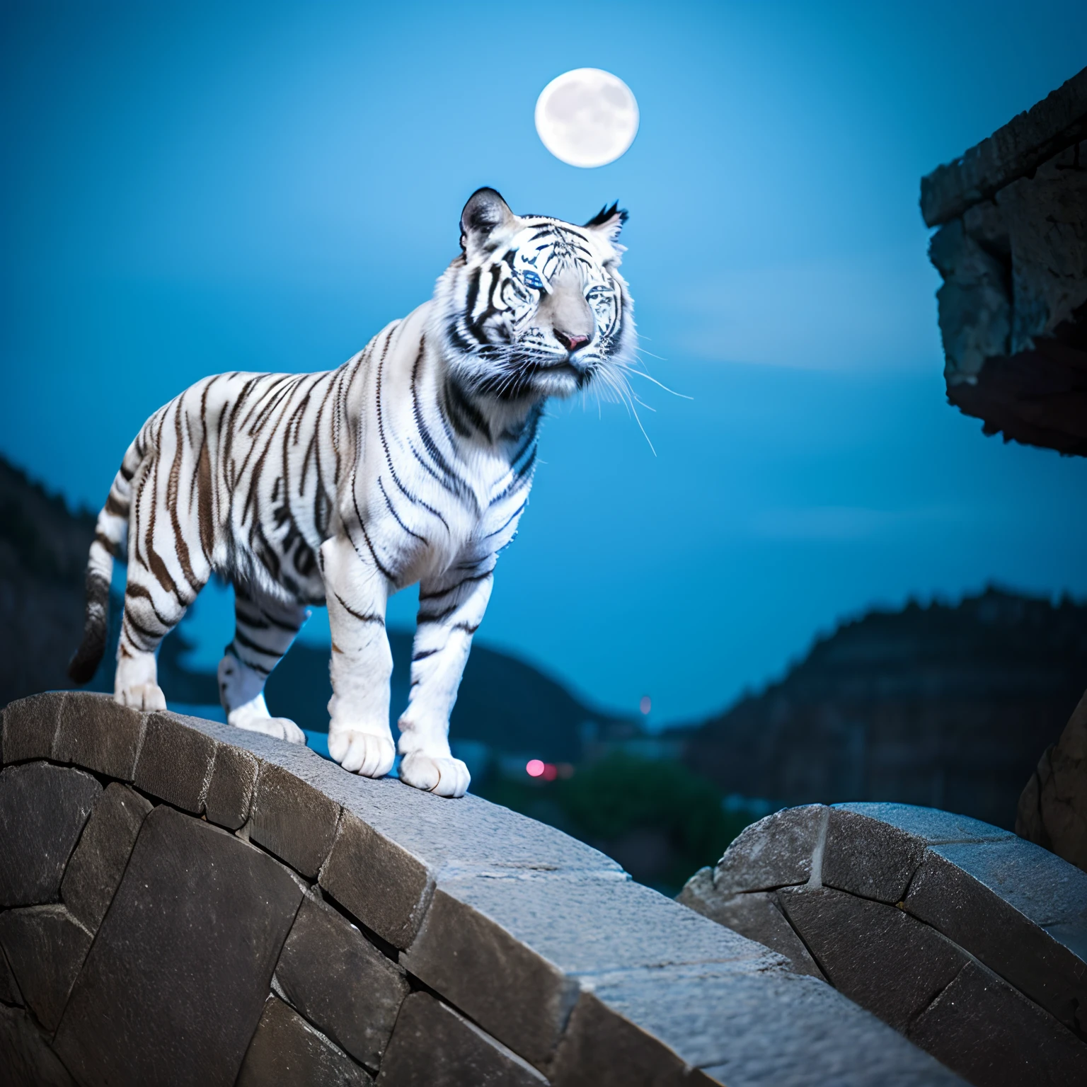 Best quality, ultra detailed, blue eyes, white tiger,   moon, night, ride on stone, shot on camera