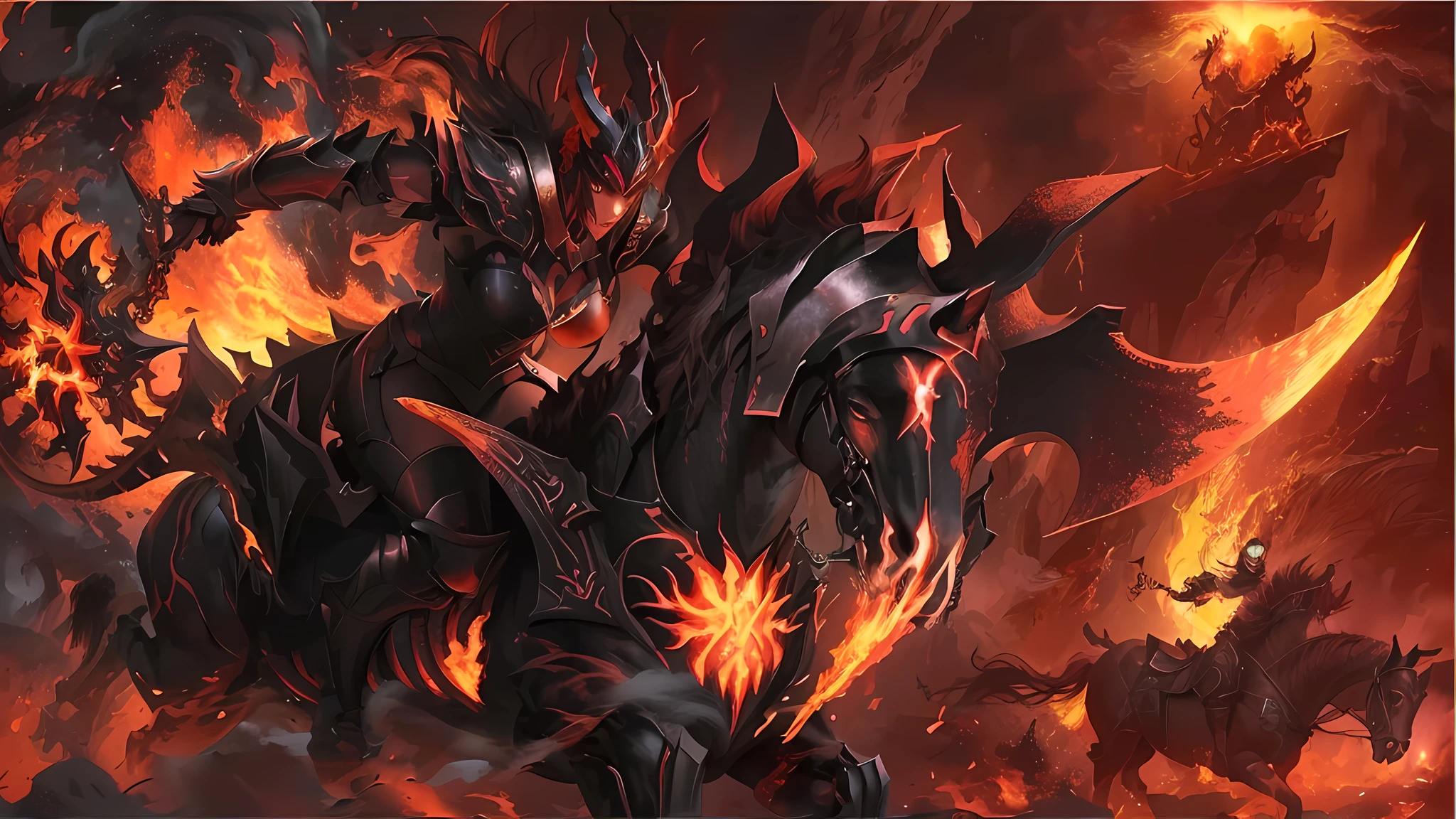 (a girl riding a flaming horse) [flames, heavy armor, war horse, hell's ruler, flame-summoning armor, king of cinders, raging inferno and destruction, fiery reflections on armor, Dota 2 concept art]. The artwork depicts a close-up shot of a fierce and intimidating girl mounted on a war horse engulfed in roaring flames. The girl wears a set of heavy armor with intricate flame designs, emphasizing her connection to the blazing inferno. She exudes the aura of a ruler in the depths of hell, commanding both the flames and her trusted steed. The flames that surround her and the horse evoke a sense of chaos and destruction, captivating viewers with their intensity. The armor shines with fiery reflections, accentuating its menacing appearance. Inspired by Dota 2 concept art, this masterpiece of artwork combines elements of fantasy, action, and darkness, inviting viewers into a world of epic battles and supernatural forces.