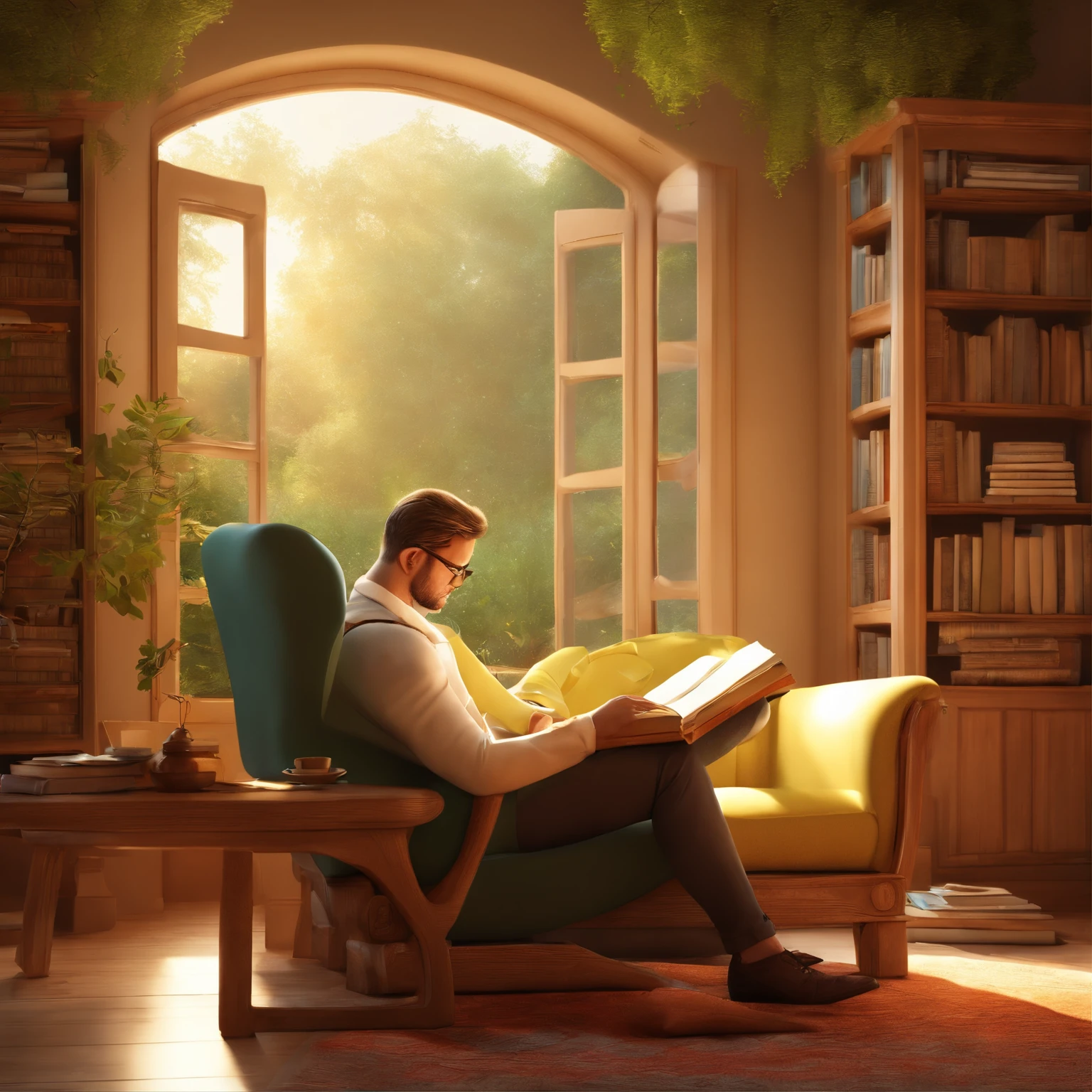 (best quality,3D rendering,masterpiece:1.2),white background,cartoonish Pixar style,man reading a book,books stacked beside him,warm lighting,soft shadows,vibrant colors,comfortable armchair,cozy atmosphere,attention to detail,happy expression,thick-framed glasses,relaxed posture,engrossed in reading,homely interior decor,bookshelf filled with colorful books,playful illustrations on the book covers,animated characters popping out of the pages,fantasy world coming to life,imagination running wild,whimsical storytelling,lush greenery outside the window,beautiful sunlit garden viewed from the glass panels,sparkling sunlight filtering through the leaves,peaceful ambiance,inviting outdoor bench,leisurely reading session,enjoyment of a good story,inspiration flowing,immersive literary journey.