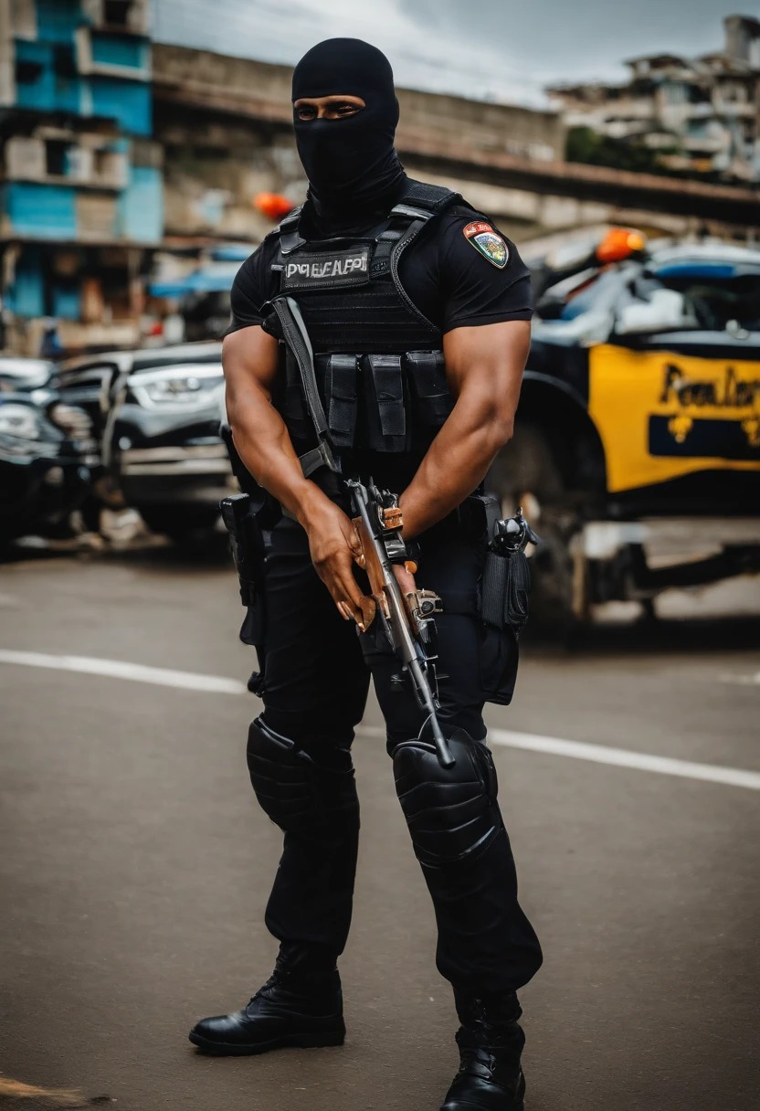 Policial do Bope rio de janeiro vestido com colete preto e rosto carioca e balaclava cobrindo todo o rosto apenas os olhos de fora, pele branca. realista e retrato