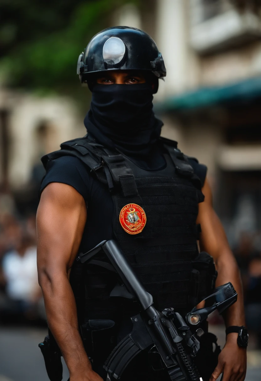 Policial do Bope rio de janeiro vestido com colete preto e rosto carioca e balaclava cobrindo todo o rosto apenas os olhos de fora, pele branca. realista e retrato