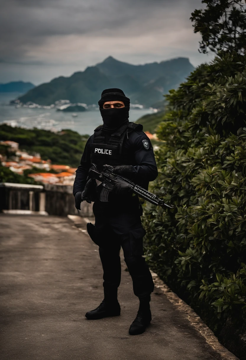 Policial do Bope rio de janeiro vestido com colete preto e rosto carioca e balaclava cobrindo todo o rosto apenas os olhos de fora, pele branca. realista e retrato