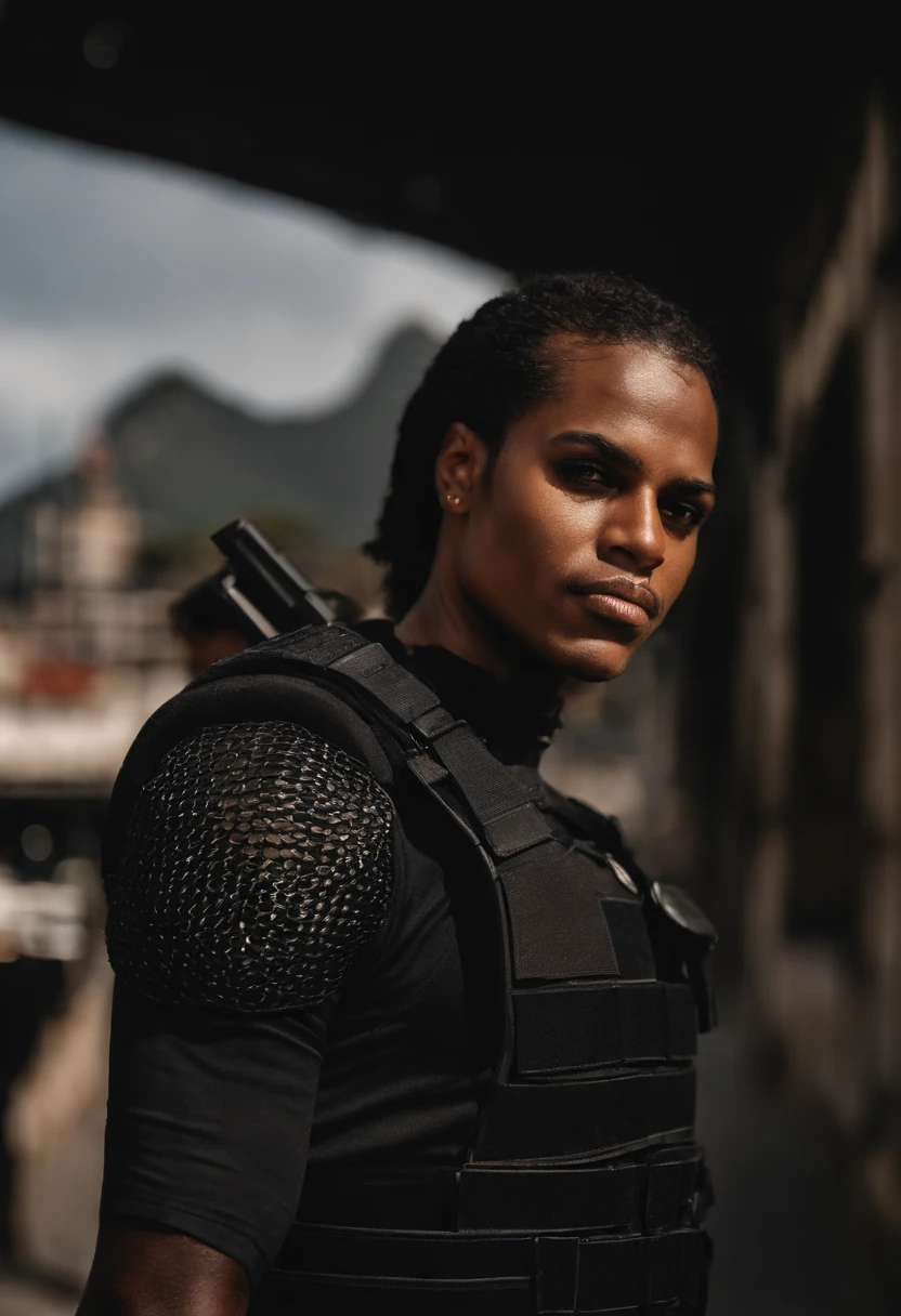 Policial do Bope rio de janeiro vestido com colete preto e rosto carioca e balaclava cobrindo todo o rosto apenas os olhos de fora, pele branca. realista e retrato