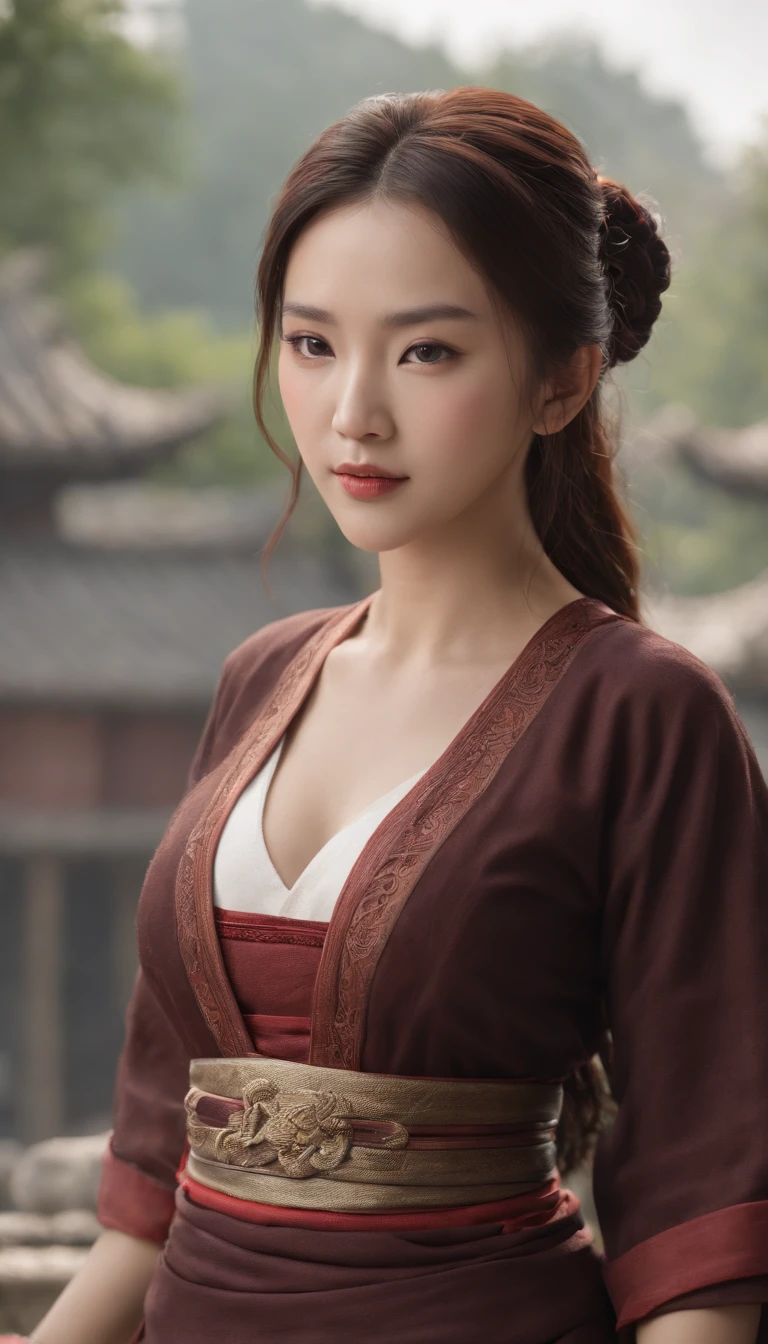 {{Masterpiece, Best quality, Extremely detailed CG, Unity 8k wallpaper, Cinematic lighting}}, Traditional Chinese Ink Painting, 1girll, 1baby, Young woman holding , full bodyesbian, Ancient architecture, Blue sky, Sunny day, wooden building, Outstanding protagonist, Smile, Big eyes, Beautiful detailed eyes, (Big breasts, cleavage), round ass, Looking at the audience, Long eyelashes,