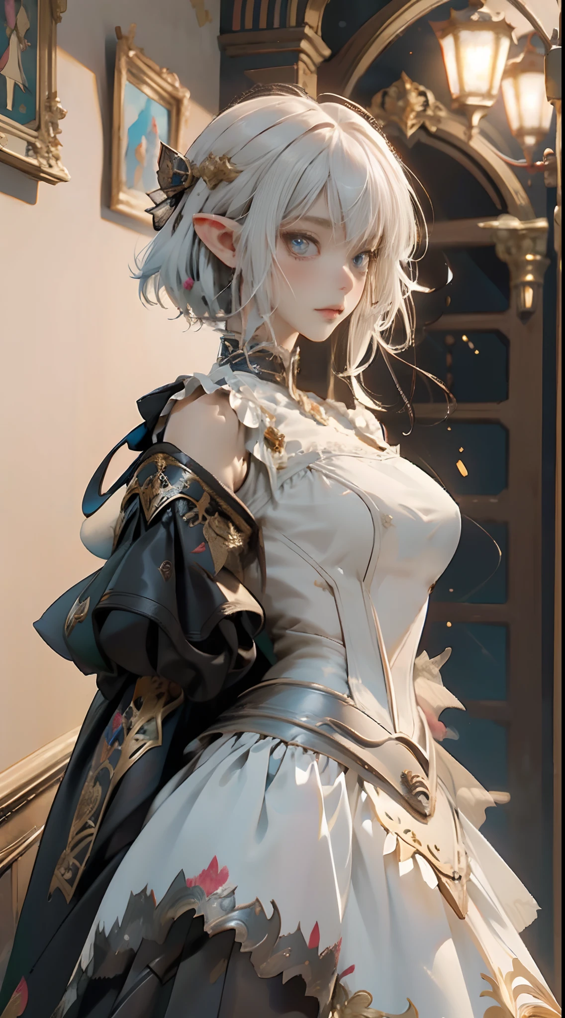 a beautiful elf woman medieval knight, 1elf race wearing a black and Victorian dress armor, full body portrait, insanely detailed face and eyes, Perfect lips, short white hair, asymmetrical bangs, anime style, dramatic, cinematic lighting, fine expression, fine detail, medieval art, illustration, masterpiece, drawing, anime art, in the style of Yusuke Murata.