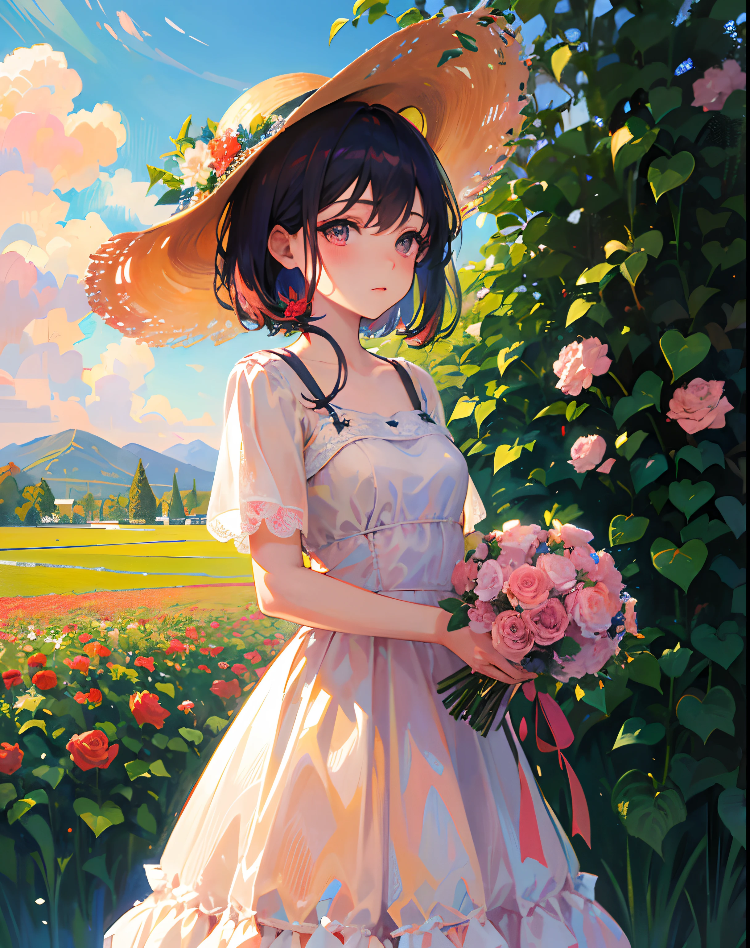((masterpiece:1.2, best quality)), (impressionism:1.3), (tarot:1.2)1girl, flower, solo, dress, holding, sky, cloud, hat, outdoors, bangs, bouquet, rose, expressionless, blush, pink hair, flower field, red flower, pink eyes, white dress, looking at viewer, midium hair, holding flower, small breasts, red rose, holding bouquet, sun hat, white headwear, depth of field