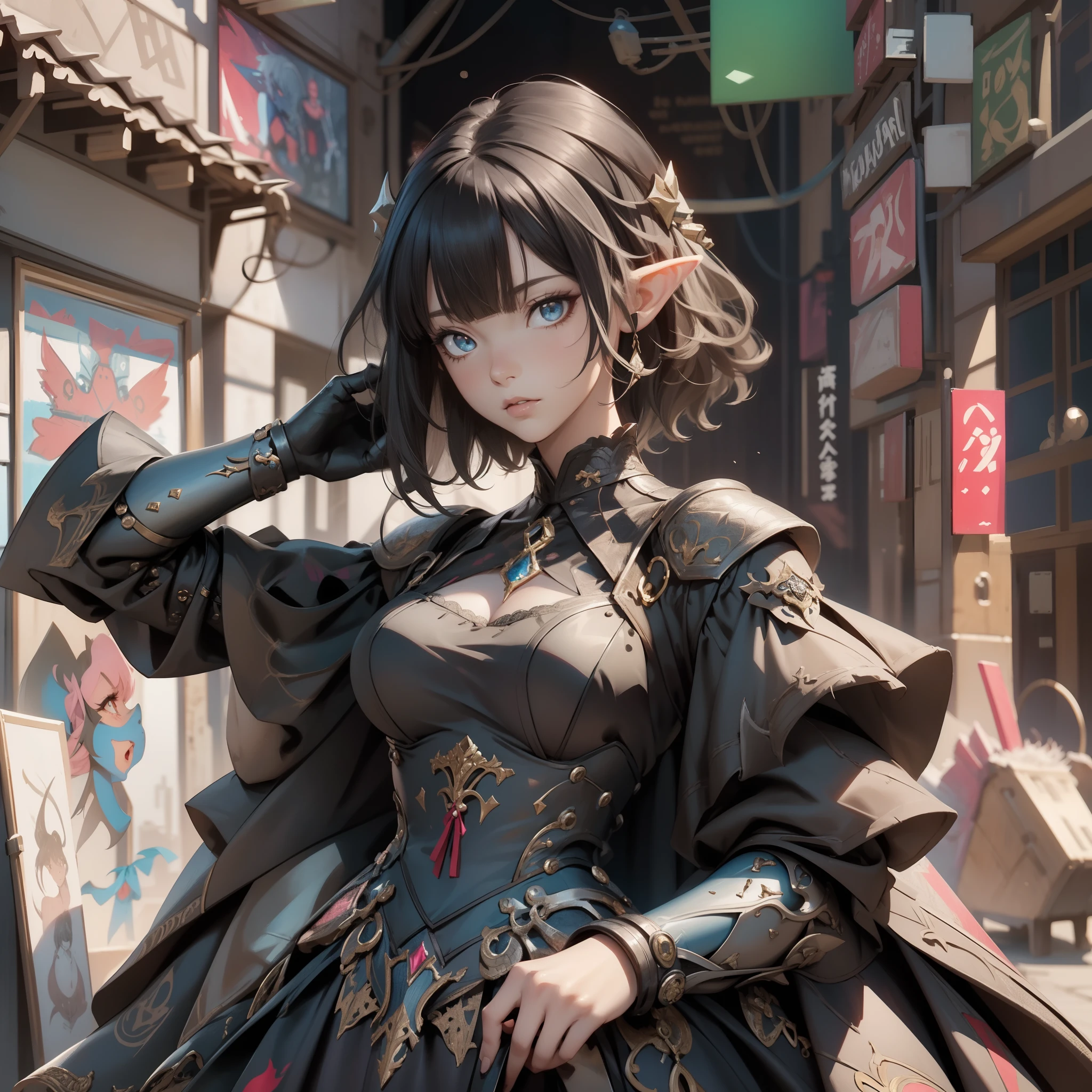 a beautiful elf woman medieval knight, 1elf race wearing a black and Victorian dress armor, full nice body,  insanely detailed face and eyes, Perfect lips, short white hair, asymmetrical bangs, anime style, dramatic, cinematic lighting, fine expression, fine detail, cyberpunk art, illustration, masterpiece, drawing, anime art, in the style of Yusuke Murata.