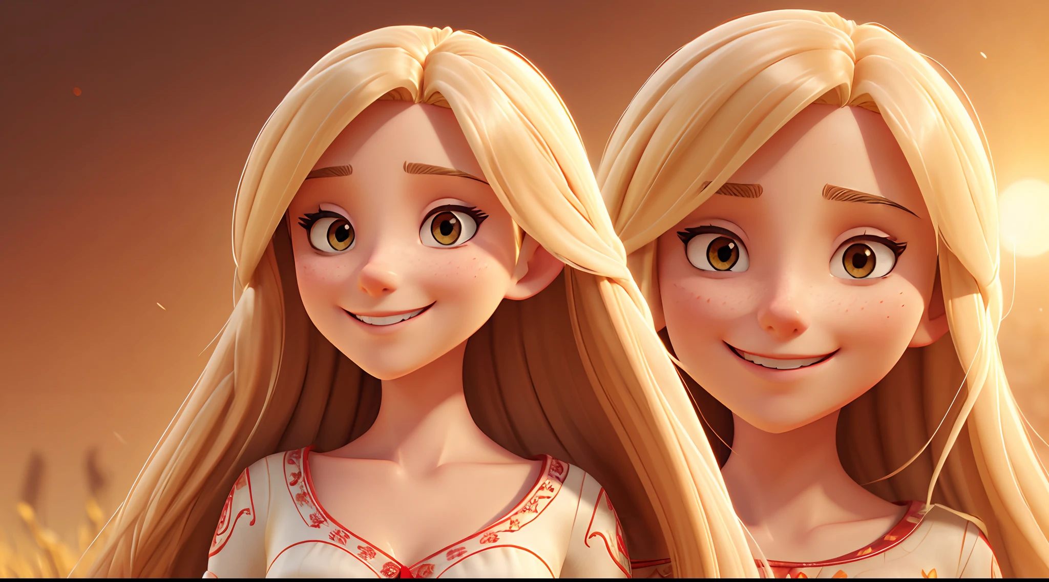 woman's face, long blonde hair, smiling, sun is red, (digital painting, concept art, smooth, sharp focus, intricate details, close-up, masterpiece: 1.2)