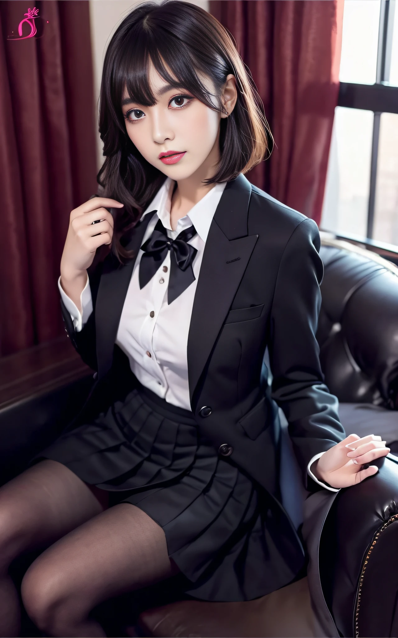Perfect anime illustration, 1girll, Dark gray hair, Curly hair, matching hairstyle, browneyes, inquisitive,curiosity,Pleasure, ((matching outfits, Light brown transparent student uniform,Dark brown detective style coat,Leather booties)), matching hairstyle, Fantastic style base,A dragon hovered behind the girl,crossedlegs,(The position of one leg folded over the other),Dark blue tights, A high resolution, full bodyesbian, Pose