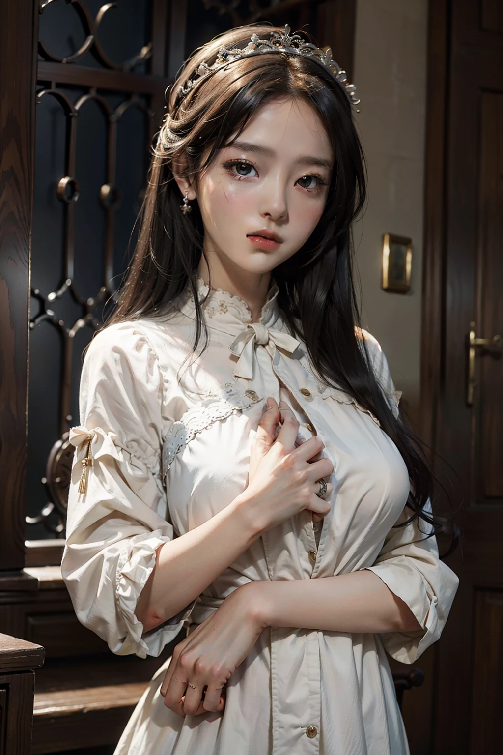 top-quality、masterpiece、超A high resolution、Photorealsitic、1girl、pray、Old-fashioned dresses、hand on the breasts、A light、Smaller breasts、The upper part of the body、Holy Maiden