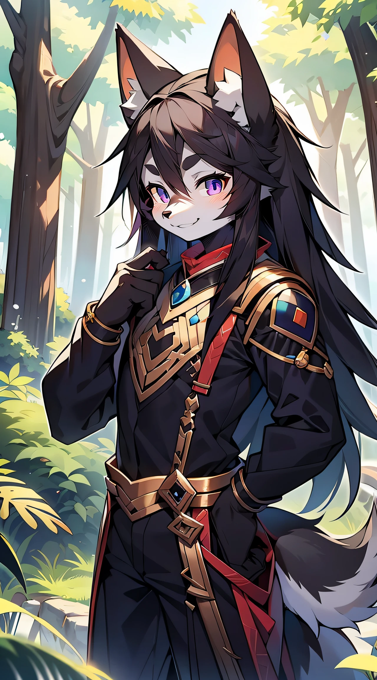 A male wolf with a height of 180 cm，Blue-purple eyes, , Long black hair, Tail,  The upper body shows off the perfect body，red and black costume，With a smile，Two small ears，Stand with fair skin ，ln the forest