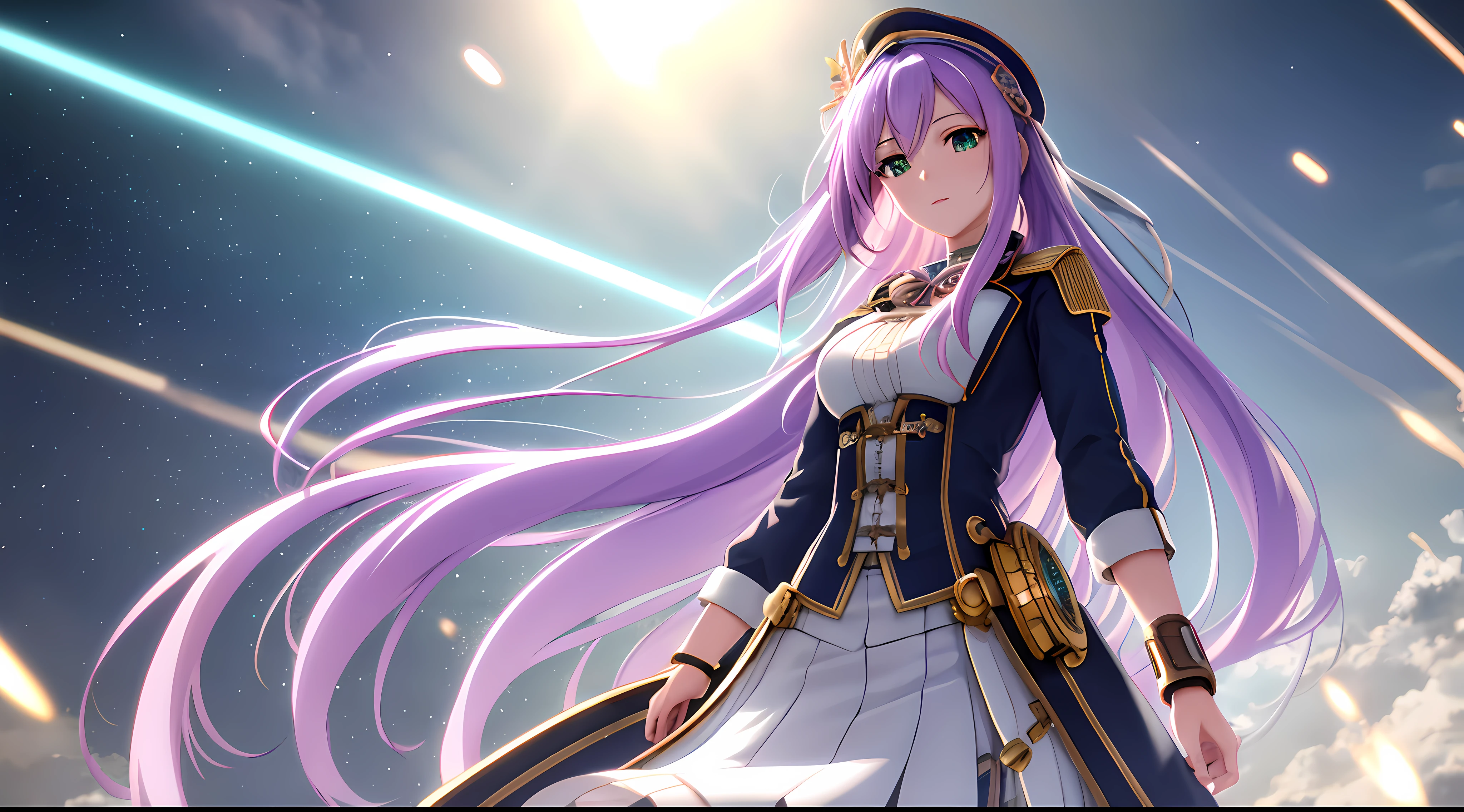 Athena with plain long light purple hair,hair between eyes,green eyes,rosy cheeks,full lips,thin eyebrows,slender body,wearing purity knit dress and full long skirt,cute anime girl,full body,steampunk civilization in background,anime style,extremely deep depth of field,Lumen Reflections,Screen Space Reflections,Diffraction Grading,Chromatic Aberration,GB Displacement,Scan Lines,Ray Traced,Anti-Aliasing,FXAA,TXAA,RTX,SSAO,Shaders,OpenGL-Shaders, GLSL-Shaders,Post Processing,Post-Production,cell Shading,Tone Mapping,CGI,VFX,SFX,insanely detailed and intricate, 4K,standing, solo, masterpiece, best quality, detailed face, detailed eyes, highres, standing, solo,masterpiece, best quality