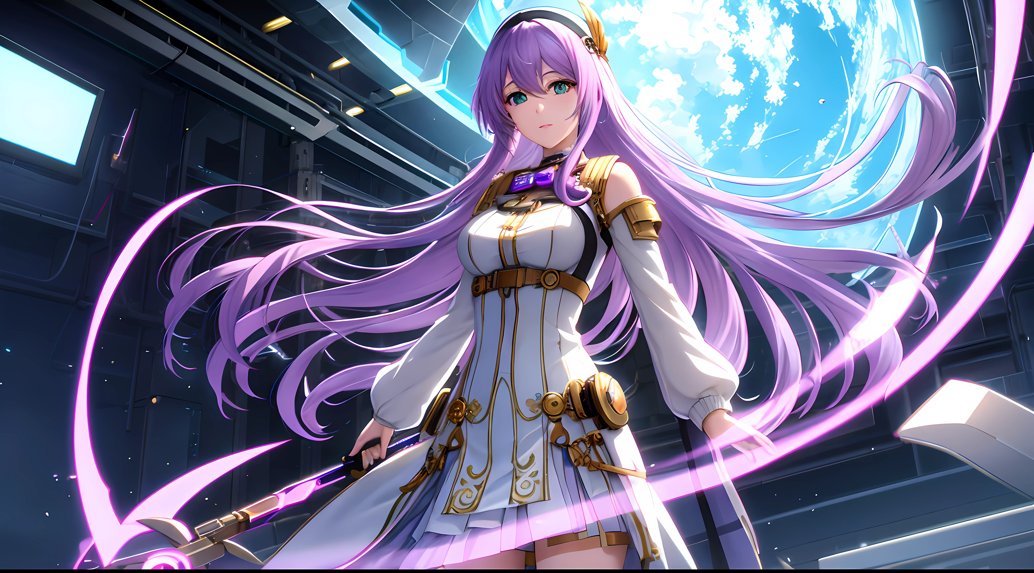 Athena with plain long light purple hair,hair between eyes,green eyes,rosy cheeks,full lips,thin eyebrows,slender body,wearing purity knit dress and full long skirt,cute anime girl,full body,steampunk civilization in background,anime style,extremely deep depth of field,Lumen Reflections,Screen Space Reflections,Diffraction Grading,Chromatic Aberration,GB Displacement,Scan Lines,Ray Traced,Anti-Aliasing,FXAA,TXAA,RTX,SSAO,Shaders,OpenGL-Shaders, GLSL-Shaders,Post Processing,Post-Production,cell Shading,Tone Mapping,CGI,VFX,SFX,insanely detailed and intricate, 4K,standing, solo, masterpiece, best quality, detailed face, detailed eyes, highres, standing, solo,masterpiece, best quality