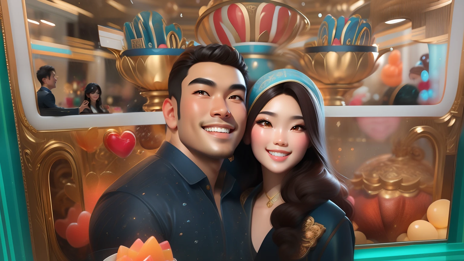 masterpiece, best quality, 3d rendering work, 3DMM style, close-up, portrait, 3D, two young Asian couple, beautiful skin, brown eyes, black hair, sweet smile, 80 kg overweight, gradient background. Colors Candy color, cute