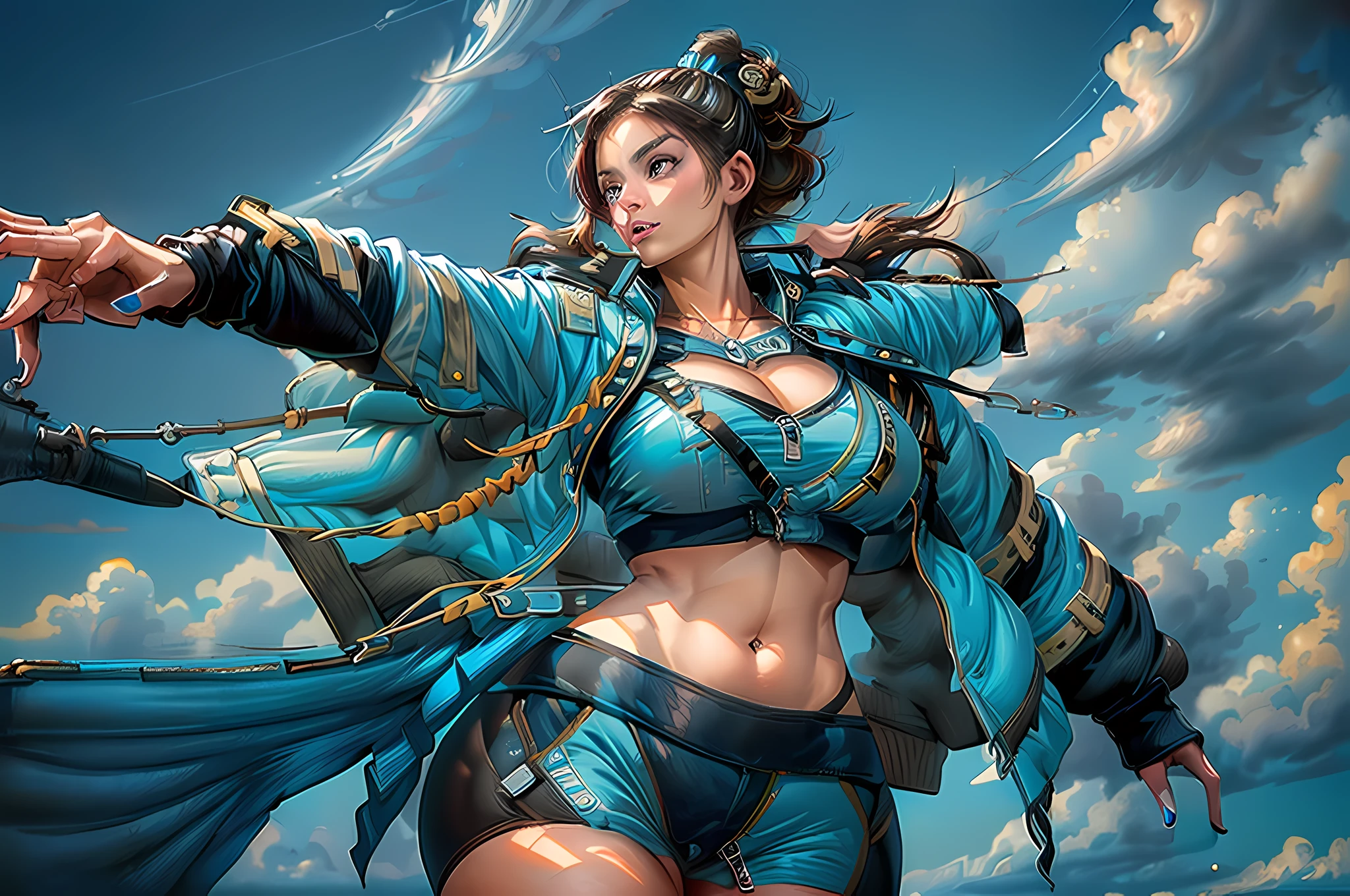 (best quality, masterpiece, best_quality, ultra-detailed, best anatomy, immaculate:1.3), (milf:1.28), (1girl), alluring face, navel, thick thighs, wide hips, brown ponytail hair, short hair, curvy, huge ass, (sky blue cropped jacket:1.5), (neckline), sky blue jacket, (touching her hip with her left hand:1.2)