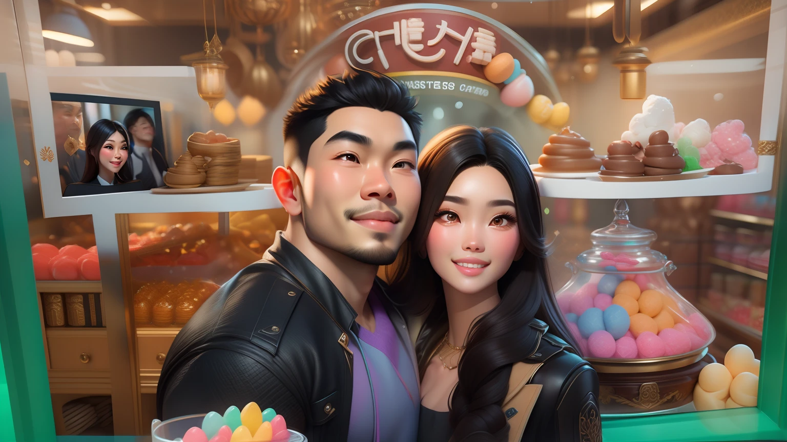 masterpiece, best quality, 3d rendering work, 3DMM style, close-up, portrait, 3D, two young Asian couple, beautiful skin, brown eyes, black hair, sweet smile, 80 kg overweight, gradient background. Colors Candy color, cute