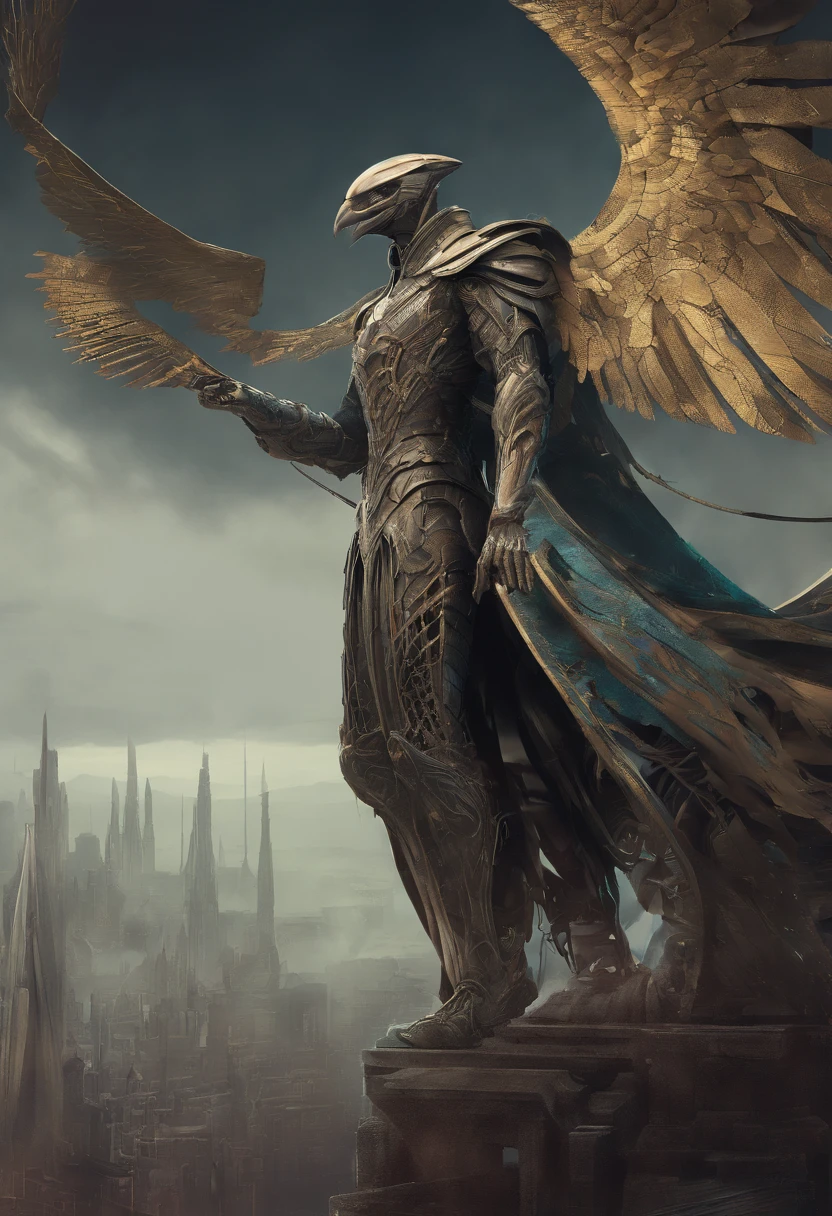A colorful raven in a costume in the gothic city of Artgerm, h. r. Giger y Beksinski, Altamente detallado, Vibrante, production cinematic character render, Modelo de ultra alta calidad, futuristamáquina steampunk, Metal needles, small details, Estilo medieval, RPG, 4k, hiperrealista. Round metal body, brazos largos, fuerte, manos fuertes, Paisaje medieval, Un extremadamente peculiar, surrealista, Encantadora imagen que muestra a un hombre fuertemente armado., Sf, Obra maestra de arte intrincada, ominoso, matte paint movie poster, golden ratio, tendencias en CGSociety, intrincado, epopeya, tendencias en Artstation, por artgerm, h. r. Giger y Beksinski, Altamente detallado, Vibrante, production cinematic character render, Modelo de ultra alta calidad