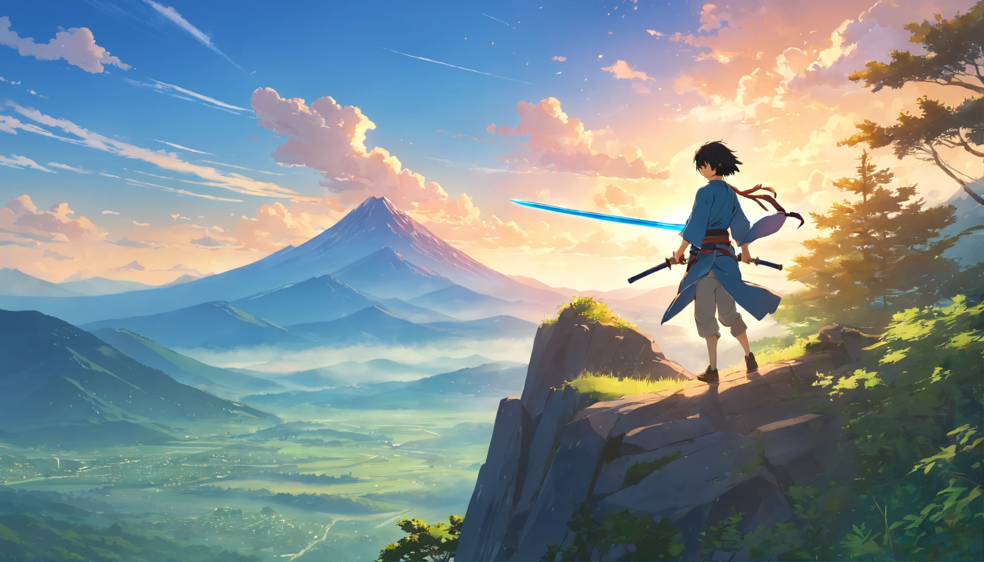 (artwork of a), (Masterpiece), (Detailed eyes), (Shading), (Extremely detailed CG 8k unity wallpapers), (Wit Studio Indirect Lighting), (Amazing drawing illustrations), (Best illustrative performance)Mountains as far as the eye can see，Shaded by trees，The sun shines on the top of the mountain。Young and brave swordsman，Stand on top of the mountain with passion and perseverance，He is practicing his swordsmanship，The sword light flickered，Long black hair fluttering in the wind