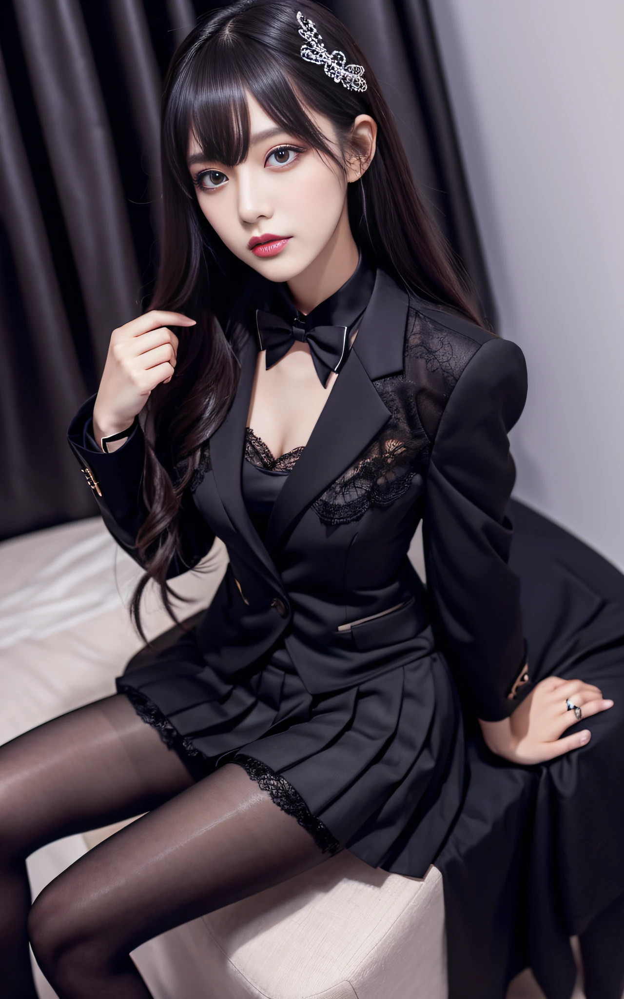 Charming beauties、Suit jacket、Black pleated skirt、beauty legs、Dyed in darkness、lacy fabric、Brainwashing makeup、brainwashed、thighband pantyhose、Hollow eyes