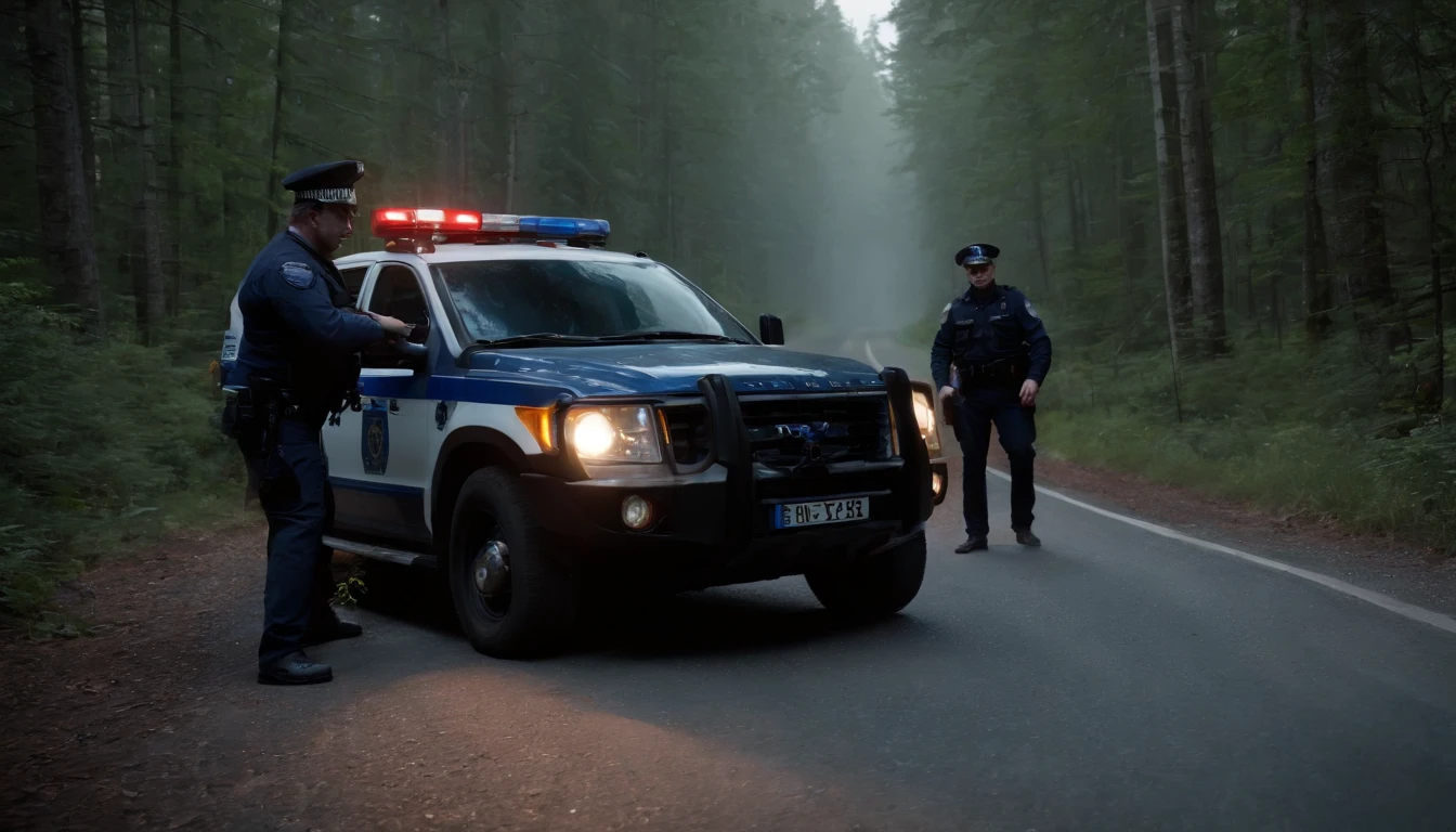 Two French police officers in the dark night, lost in the middle of a road in the woods at night, the police vehicle has barbed wire on its rear tires, has sirens on in the night, in the style of horror movies by director Guillermo del Toro, photorealistic, cinematic effects, CGI, VFX, SCI-FI, 4K