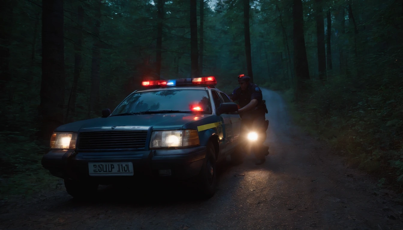Two French police officers in the dark night, lost in the middle of a road in the woods at night, the police vehicle has barbed wire on its rear tires, has sirens on in the night, in the style of horror movies by director Guillermo del Toro, photorealistic, cinematic effects, CGI, VFX, SCI-FI, 4K
