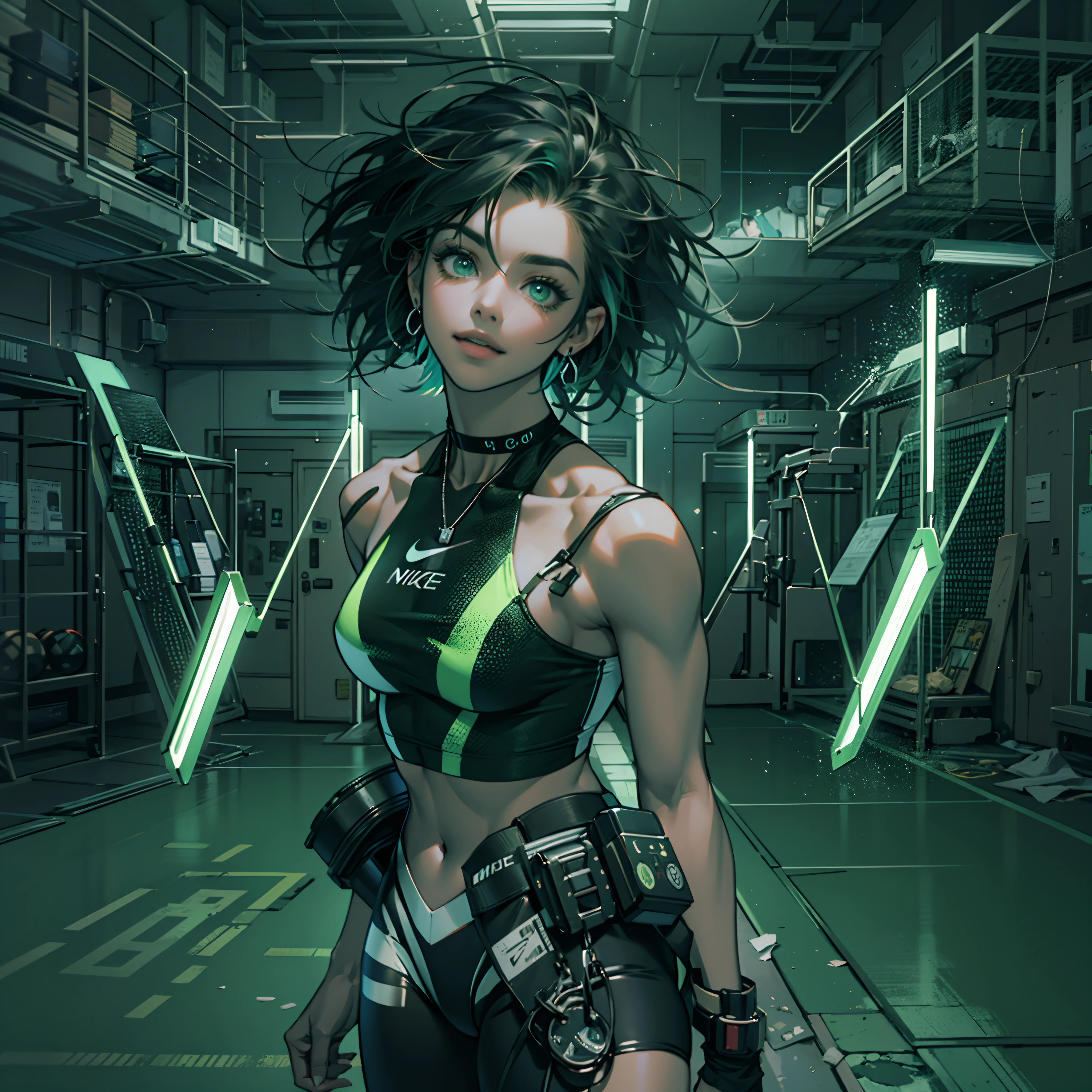 Best quality,tmasterpiece,Ultra-high resolution fills the picture,Indoor at night,the night,Indoor neon lights,Green color scheme,Intense grass green,Silvery-white hair,Green black leggings,green and black color scheme,Sporty skirts,the complex background,Gym interior background,Weight instruments in the background,High-tech screen in the background,Lateral face,Smiling,Dress less,There are fitness elements in the rear,nike,nike,nike,Tech gym,Perfect makeup,Love eyes,8K quality,Cyberpunk,sense of science and technology,Character backlighting,rim-light,Movement changes,Flowing hairstyle,Loose hairstyle,The number of fingers is refined,Full body in camera,9 doppelganger diagram,Luminous stud earrings,Luminous digital necklace,Electronic digital watches,The most beautiful girl in mankind,Delicate close-up of the face,Realistic image quality,Super light and shadow,Very good figure,Meticulous,Arrow symbol,Brand sense,English slogan neon,Runway lights,Fitness gym at night,Very good figure,Raised sexy,luminous,Faraway view,Full body in camera,独奏,There is only one character,femele