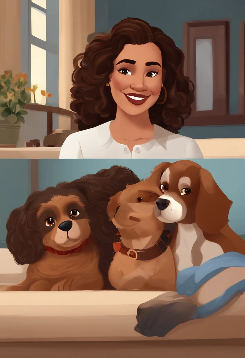 Pixar. Um casal de lesbicas, Two women who are a lesbian couple with 2 brown, uma cadela branca e 1 cachorro malhado branco e marrom e 1 gata peluda cinza. First woman is white has dark brown hair, olhos castanhos com 40 anos, Friendly big hair. The second woman and mulatto is a woman with short dark brown hair with curls , com 33 anos, Nice, olhos castanhos e ama sua companheira. They're both smiling, With all the dogs and cats cuddling, All together and happy as a family.
