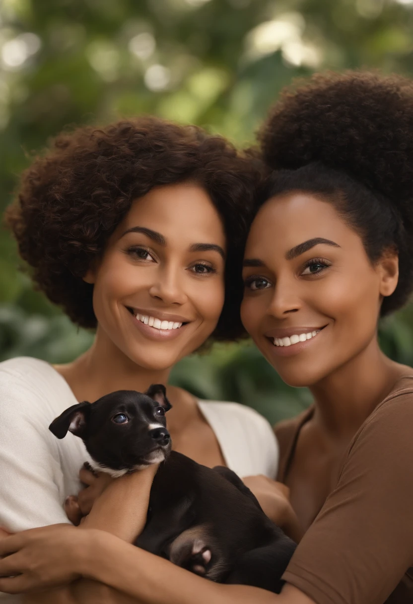 Pixar. Um casal de lesbicas, Two women who are a lesbian couple with 2 brown, uma cadela branca e 1 cachorro malhado branco e marrom e 1 gata peluda cinza. First woman is white has dark brown hair, olhos castanhos com 40 anos, Friendly big hair. The second woman and mulatto is a woman with short dark brown hair with curls , com 33 anos, Nice, olhos castanhos e ama sua companheira. They're both smiling, With all the dogs and cats cuddling, All together and happy as a family.