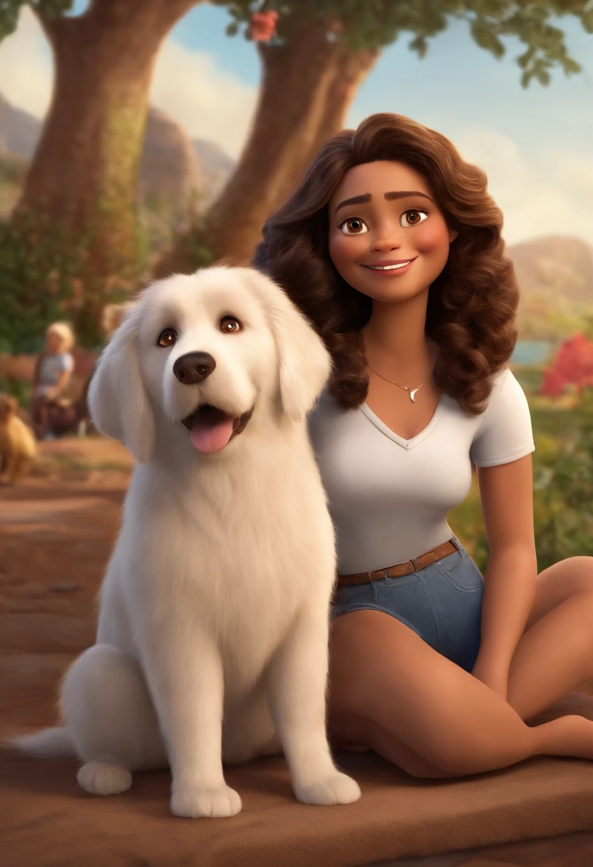 Giovanna is a smiling 9-year-old human girl, com seu fiel amigo, LUCK, o cachorro poodle branco deitados no jardim