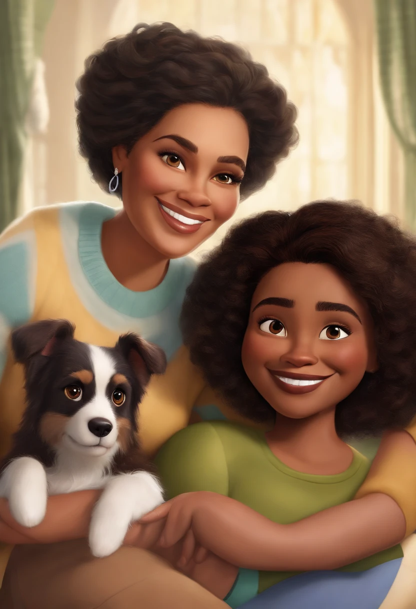 Pixar. Um casal de lesbicas, Two women who are a lesbian couple with 2 brown, uma cadela branca e 1 cachorro malhado branco e marrom e 1 gata peluda cinza. First woman is white has dark brown hair, olhos castanhos com 40 anos, Friendly big hair. The second woman and mulatto is a woman with short dark brown hair with curls , com 33 anos, Nice, olhos castanhos e ama sua companheira. They're both smiling, With all the dogs and cats cuddling, All together and happy as a family.