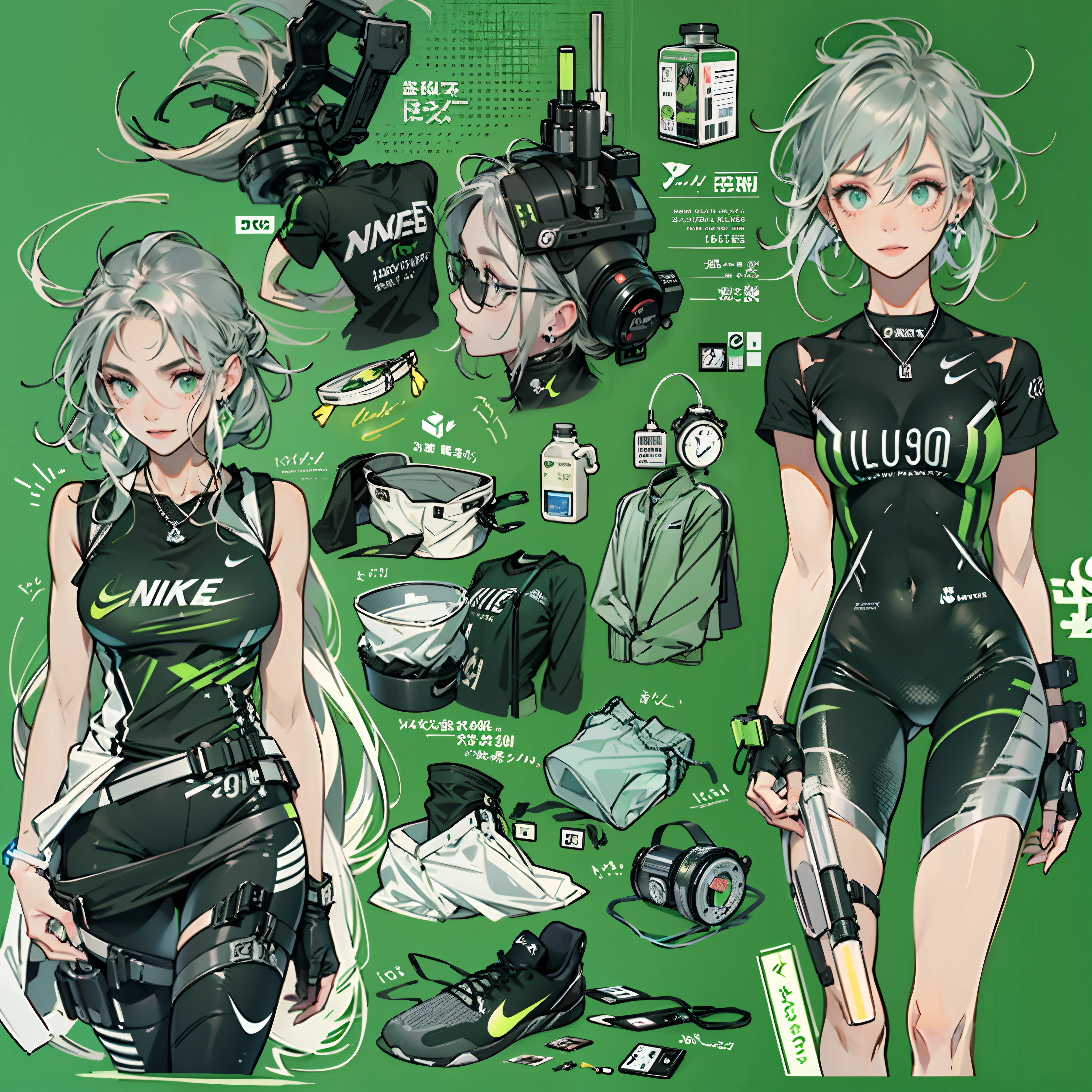 Best quality,tmasterpiece,Ultra-high resolution fills the picture,Indoor at night,the night,Indoor neon lights,Green color scheme,Intense grass green,Silvery-white hair,Green black leggings,green and black color scheme,Sporty skirts,the complex background,Gym interior background,Weight instruments in the background,High-tech screen in the background,Lateral face,Smiling,Dress less,There are fitness elements in the rear,nike,nike,nike,Tech gym,Perfect makeup,Love eyes,8K quality,Cyberpunk,sense of science and technology,Character backlighting,rim-light,Movement changes,Flowing hairstyle,Loose hairstyle,The number of fingers is refined,Full body in camera,9 doppelganger diagram,Luminous stud earrings,Luminous digital necklace,Electronic digital watches,The most beautiful girl in mankind,Delicate close-up of the face,Realistic image quality,Super light and shadow,Very good figure,Meticulous,Arrow symbol,Brand sense,English slogan neon,Runway lights,Fitness gym at night,Very good figure,Raised sexy,luminous,Faraway view,Full body in camera,独奏,There is only one character,femele