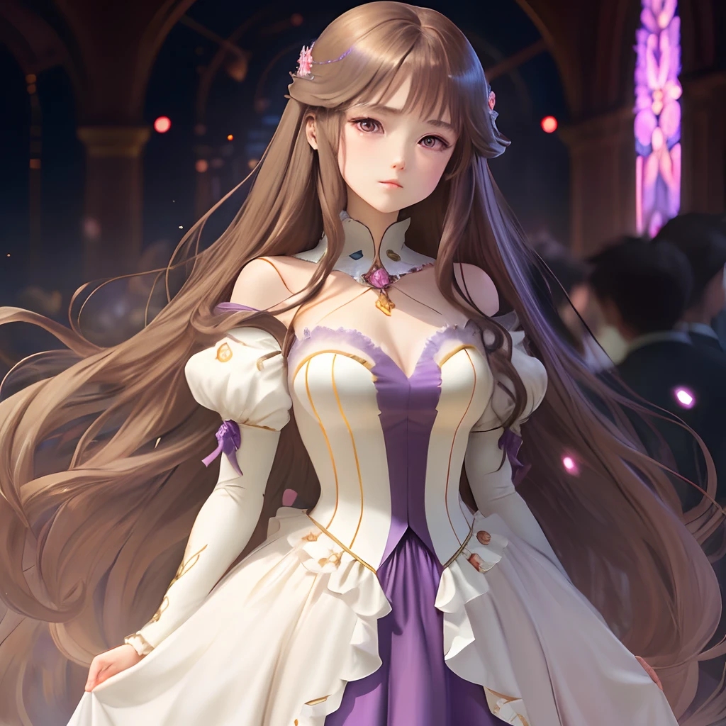 Anime girl, long voluminous brown left sideswept hair, narrow purple eyes, poker faced, Regal flowy light colored fantasy dress