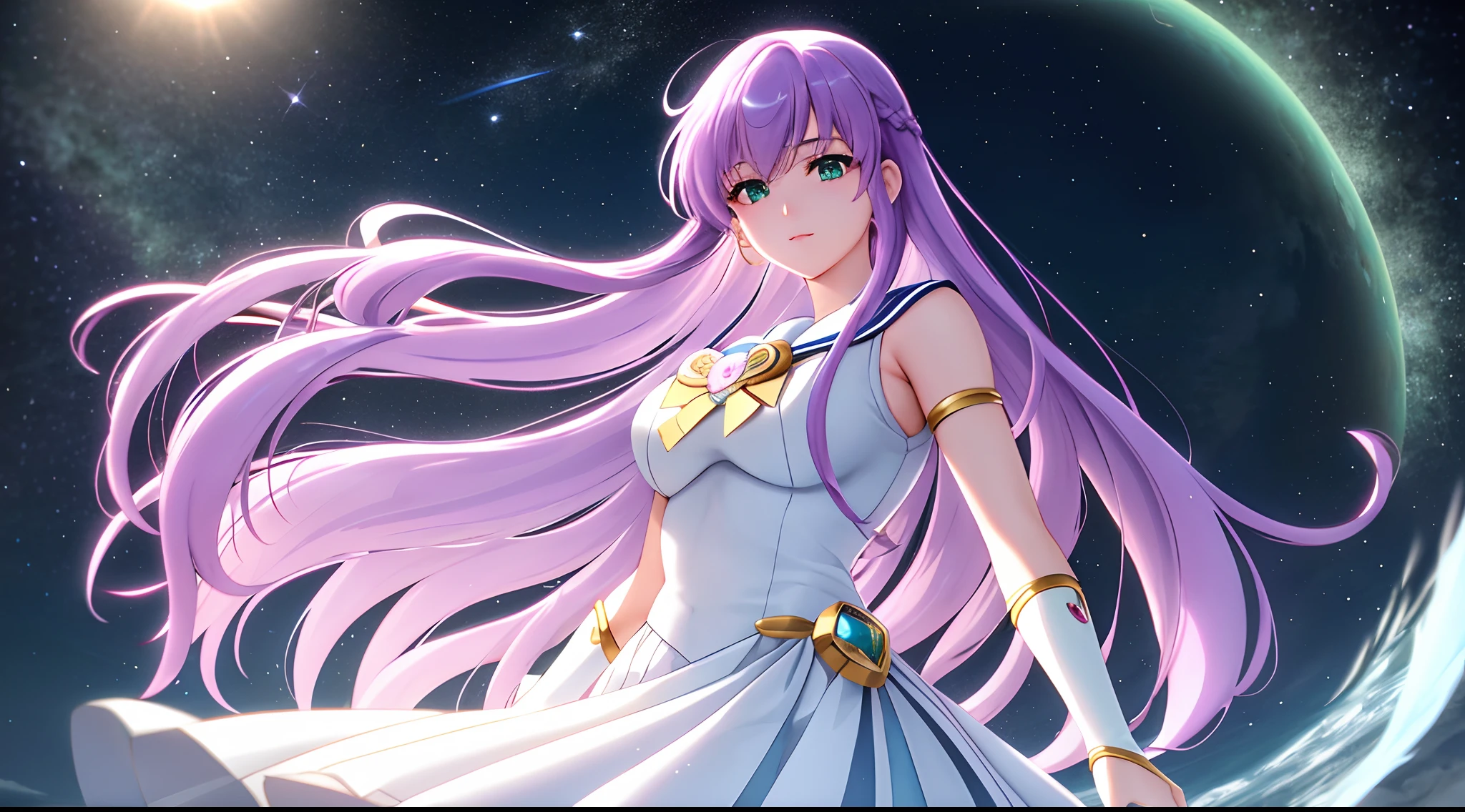 Athena with plain long light purple hair,hair between eyes,green eyes,rosy cheeks,full lips,thin eyebrows,slender body,wearing sailor moon uniform and full long skirt,cute anime girl,full body,moonlit wilderness in background,anime style,extremely deep depth of field,Lumen Reflections,Screen Space Reflections,Diffraction Grading,Chromatic Aberration,GB Displacement,Scan Lines,Ray Traced,Anti-Aliasing,FXAA,TXAA,RTX,SSAO,Shaders,OpenGL-Shaders, GLSL-Shaders,Post Processing,Post-Production,cell Shading,Tone Mapping,CGI,VFX,SFX,insanely detailed and intricate, 4K,standing, solo, masterpiece, best quality, detailed face, detailed eyes, highres, standing, solo,masterpiece, best quality