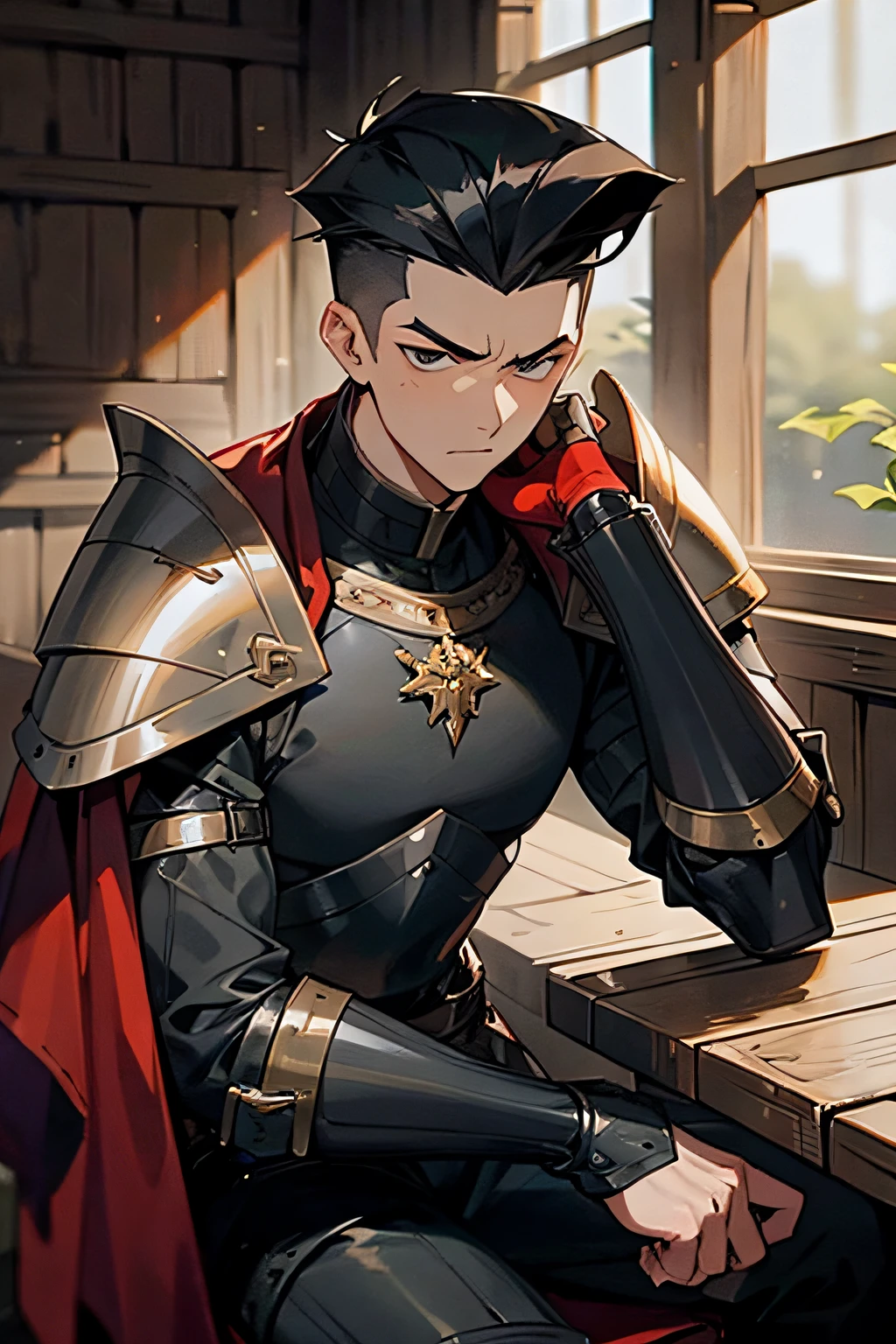 a young man, Black quiff hair with fade, black armor with red details, sitting irritated on a wooden bench, in a tavern.