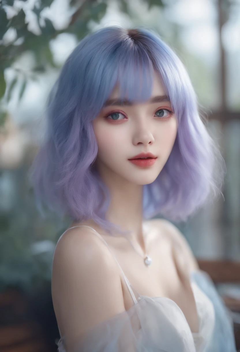 High Definition Animation、Light blue hair、Hair length above the shoulders、Bangs slightly below the eyebrows、The color of the eyes is purple