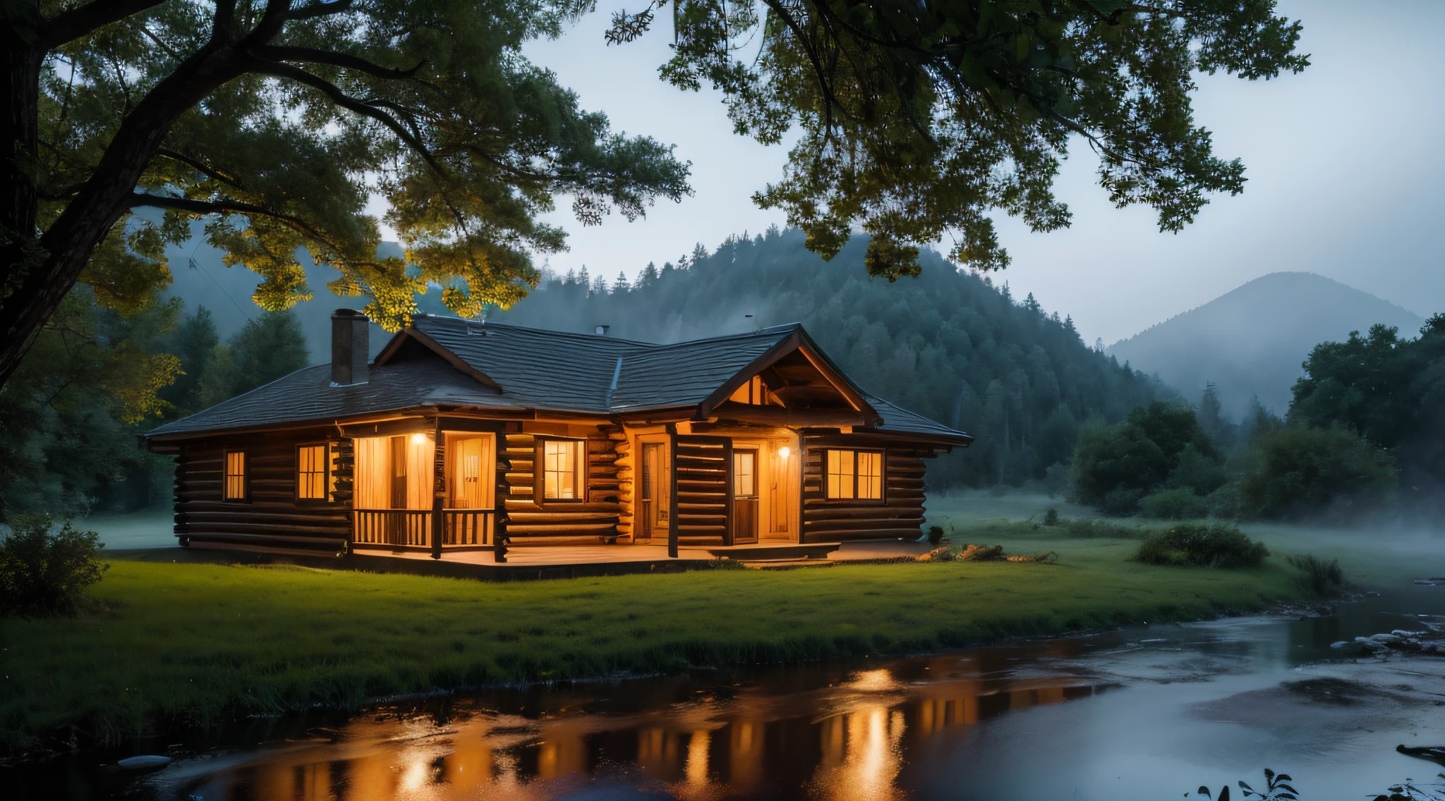 eventide,little bit of raining,thin fog,log cabin,Small rivers,Ultra-long-range viewing angle