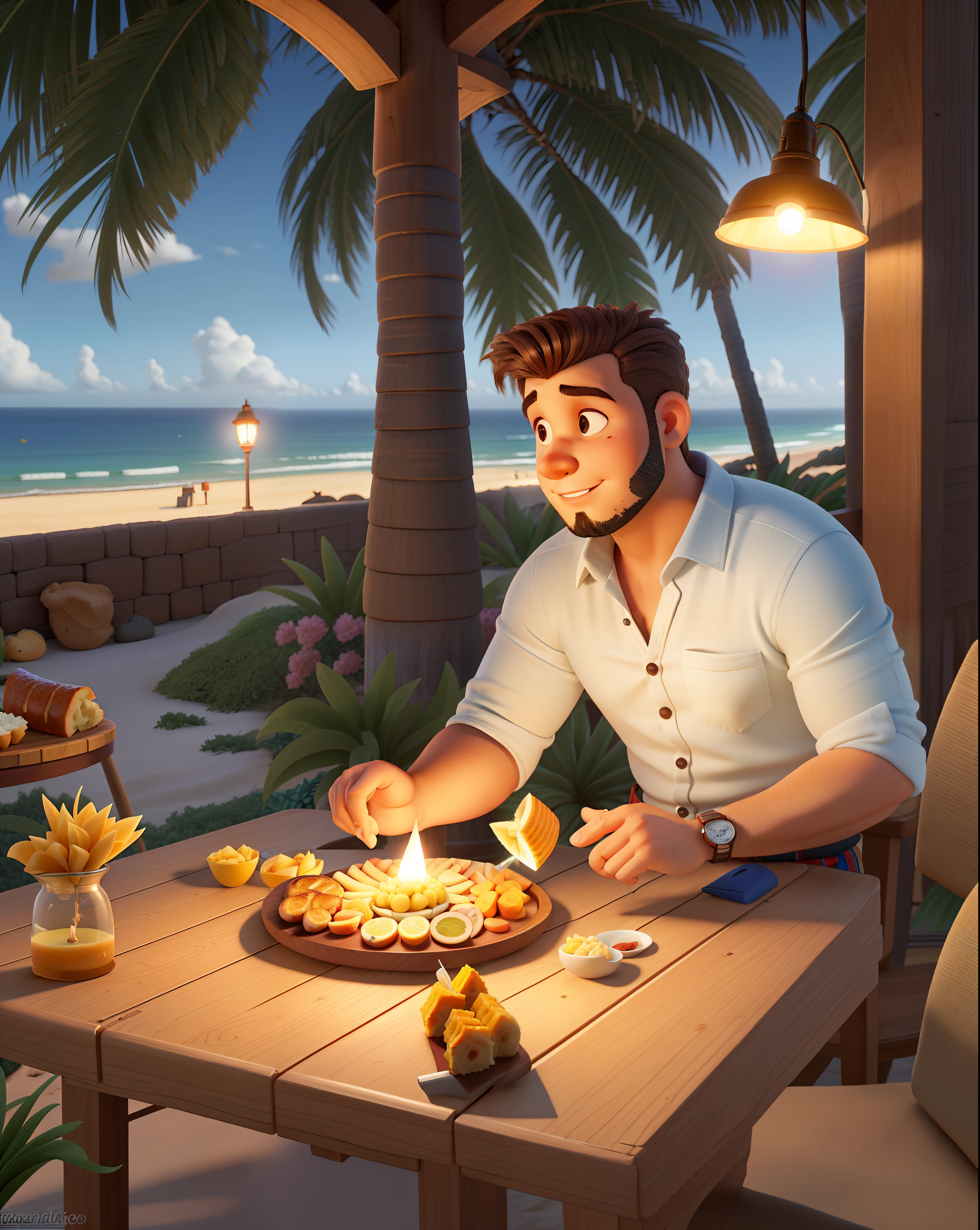 Um gordinho de cabelo cortado em volta de uma cadeira de barbeiroaltura de 1,70, illuminated by the light of a lamp, contra o pano de fundo de uma praia