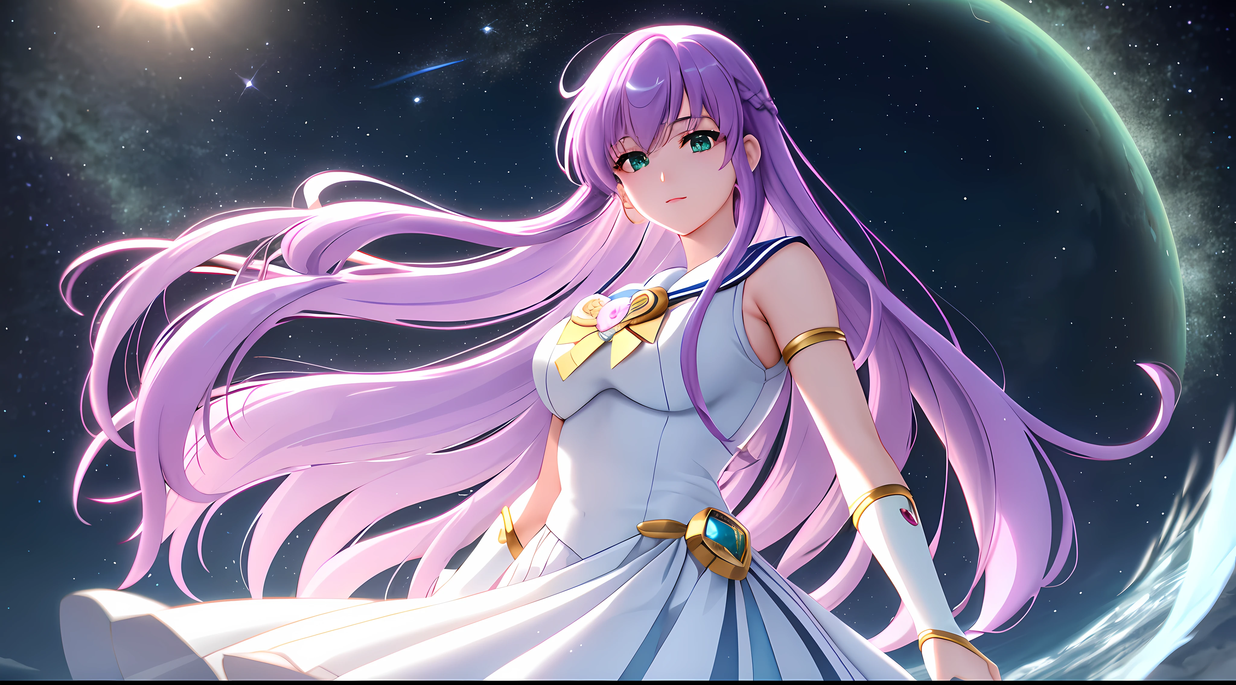 Athena with plain long light purple hair,hair between eyes,green eyes,rosy cheeks,full lips,thin eyebrows,slender body,wearing sailor moon uniform and full long skirt,cute anime girl,full body,moonlit wilderness in background,anime style,extremely deep depth of field,Lumen Reflections,Screen Space Reflections,Diffraction Grading,Chromatic Aberration,GB Displacement,Scan Lines,Ray Traced,Anti-Aliasing,FXAA,TXAA,RTX,SSAO,Shaders,OpenGL-Shaders, GLSL-Shaders,Post Processing,Post-Production,cell Shading,Tone Mapping,CGI,VFX,SFX,insanely detailed and intricate, 4K,standing, solo, masterpiece, best quality, detailed face, detailed eyes, highres, standing, solo,masterpiece, best quality