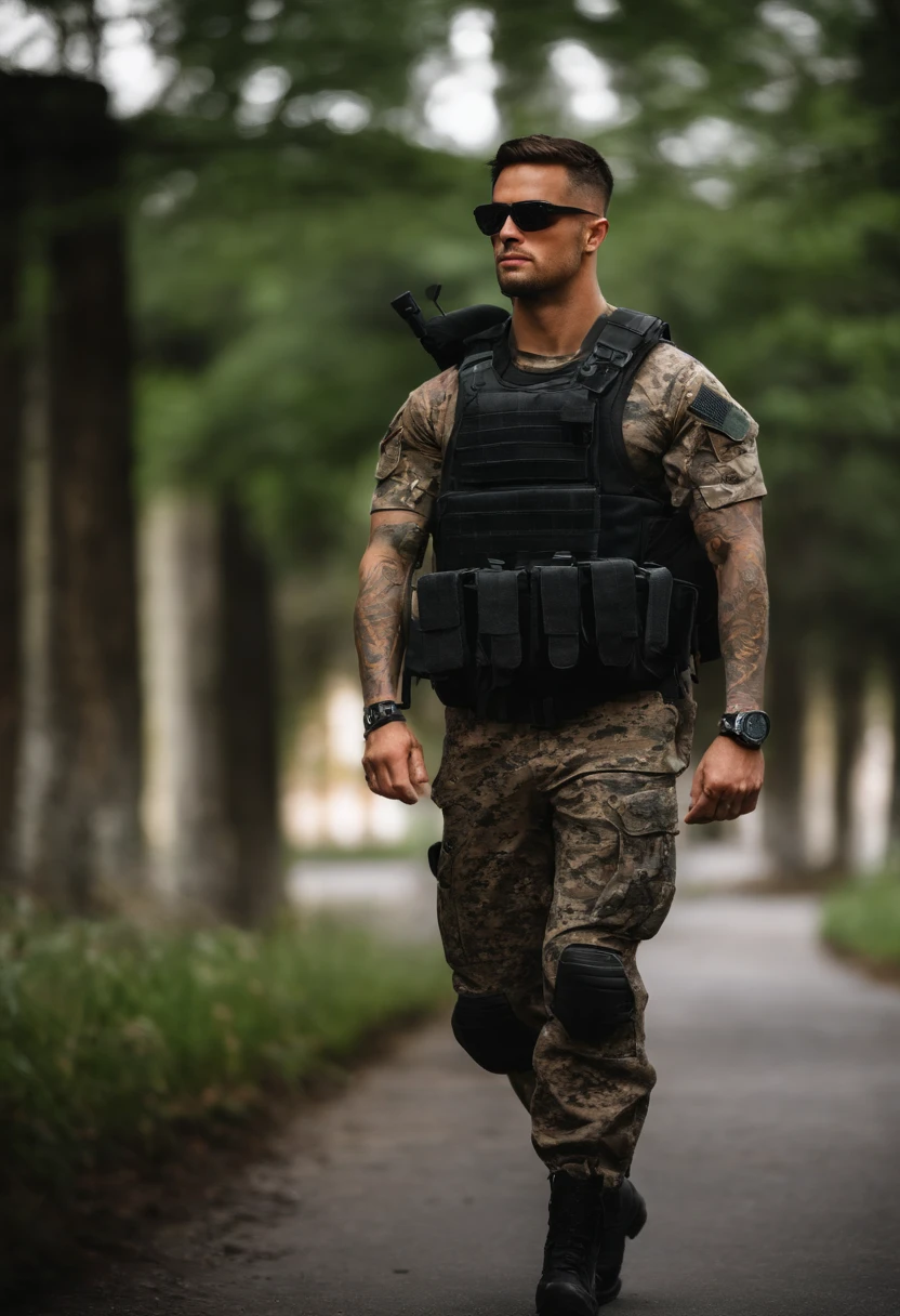 Army commando, sleeve tattoos, black glasses, in civilian clothes.