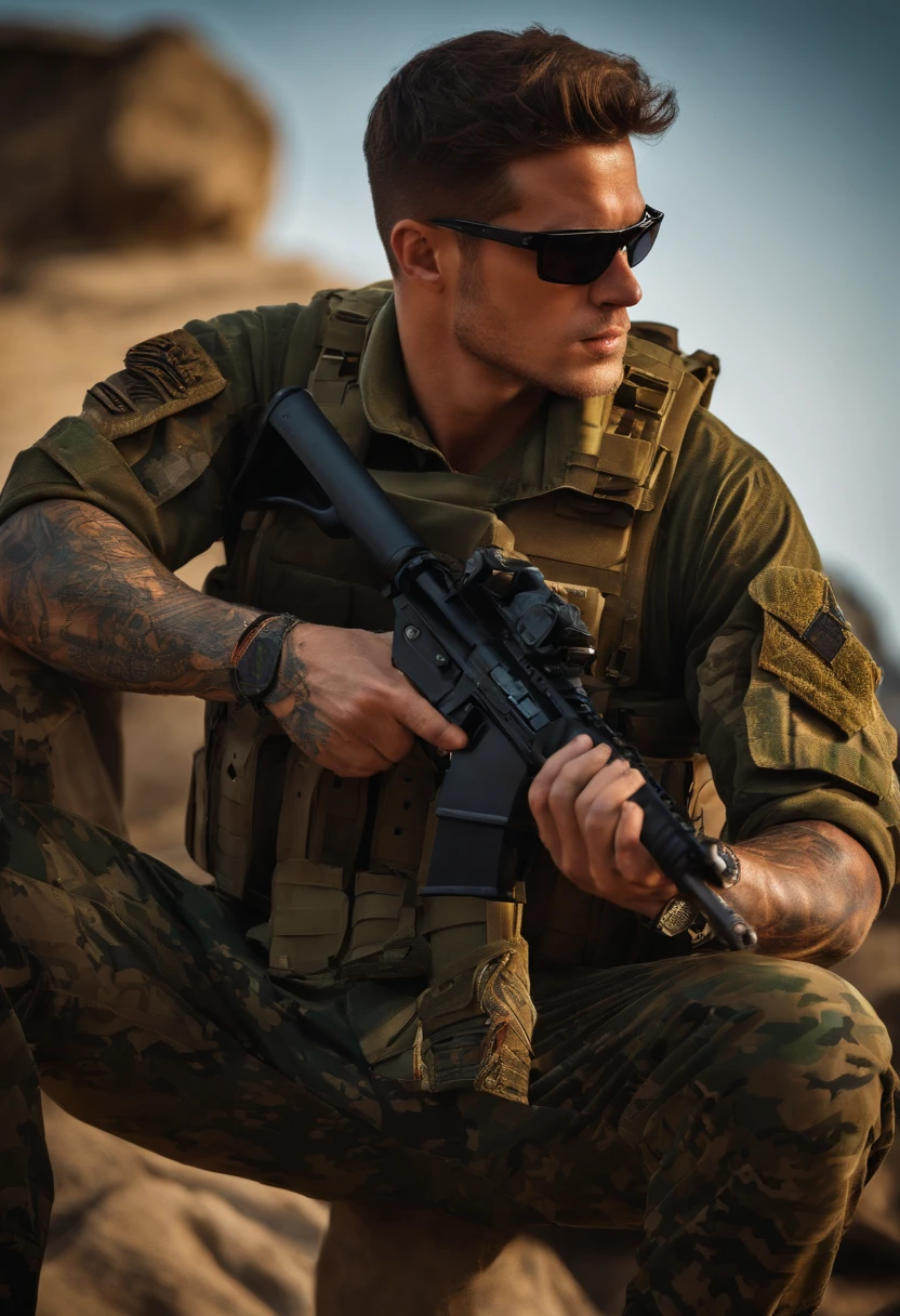 Army commando, sleeve tattoos, black glasses, in civilian clothes.