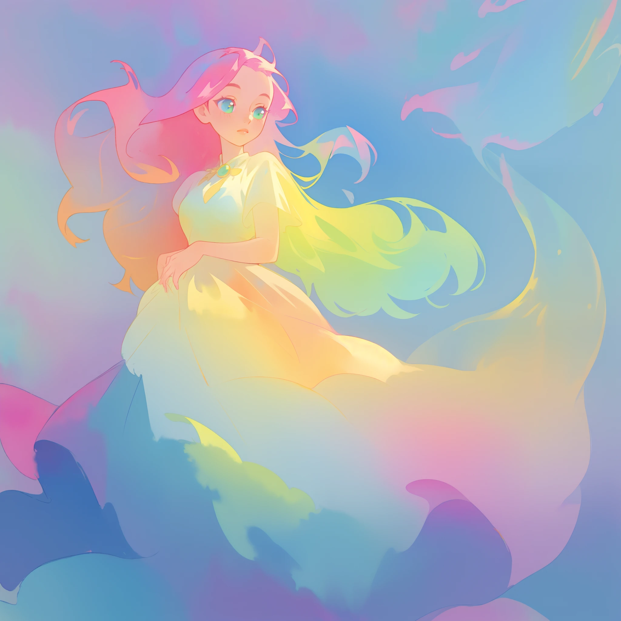 beautiful girl in flowing colorful gradient ballgown, puffy multi-layered ballgown, long flowing colorful hair, vibrant pastel colors, colorful, watercolor illustration, masterpiece, best quality, sharp focus, intricate detail, highly detailed, 8k resolution, beautiful face, golden ratio, perfection, fantasia background, otherworldly, whimsical, magical